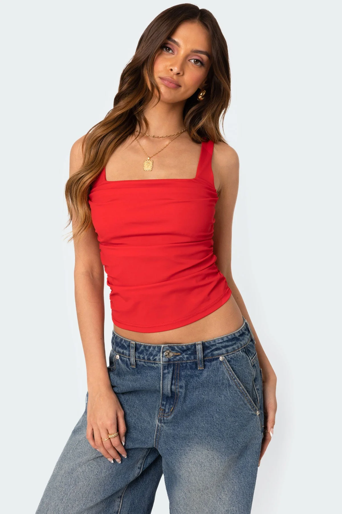 Ruched Square Neck Tank Top in Red