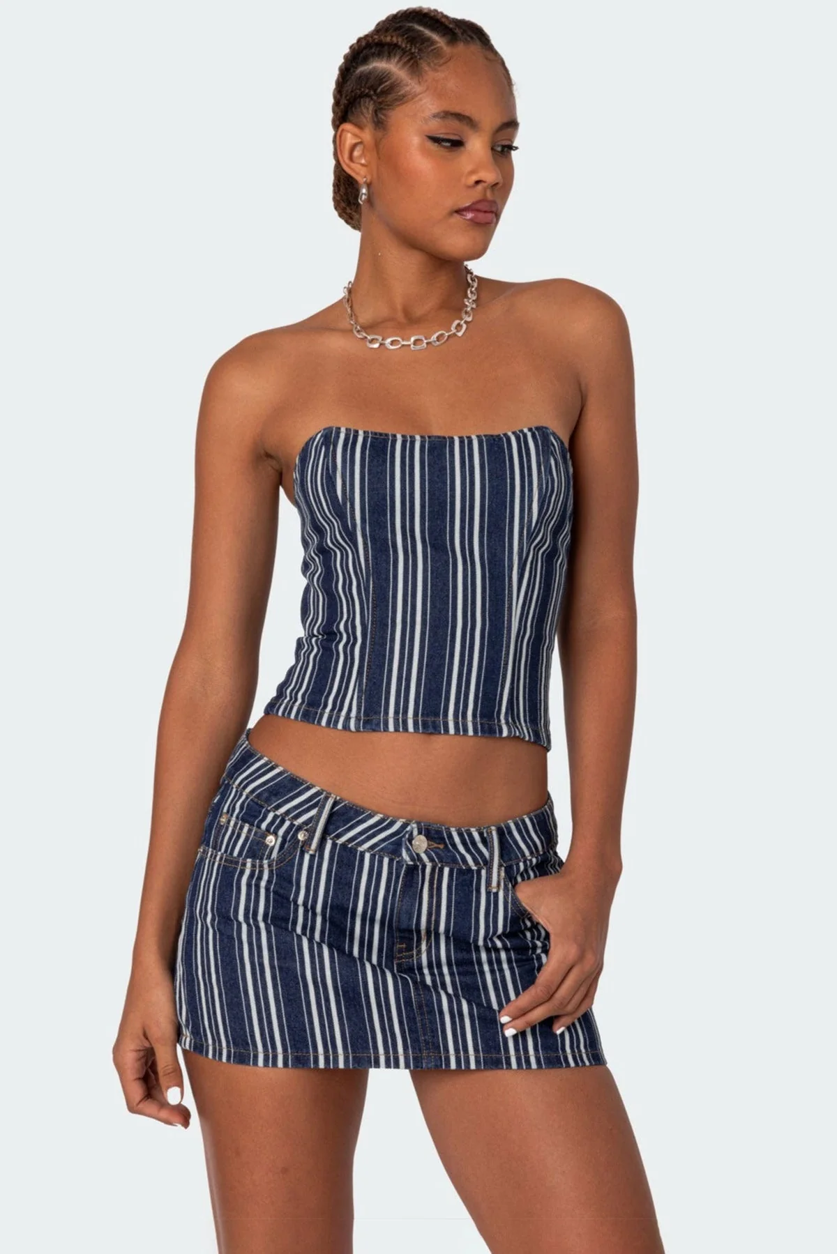 Denim Striped Corset Top - Strapless Fit in Blue Mix