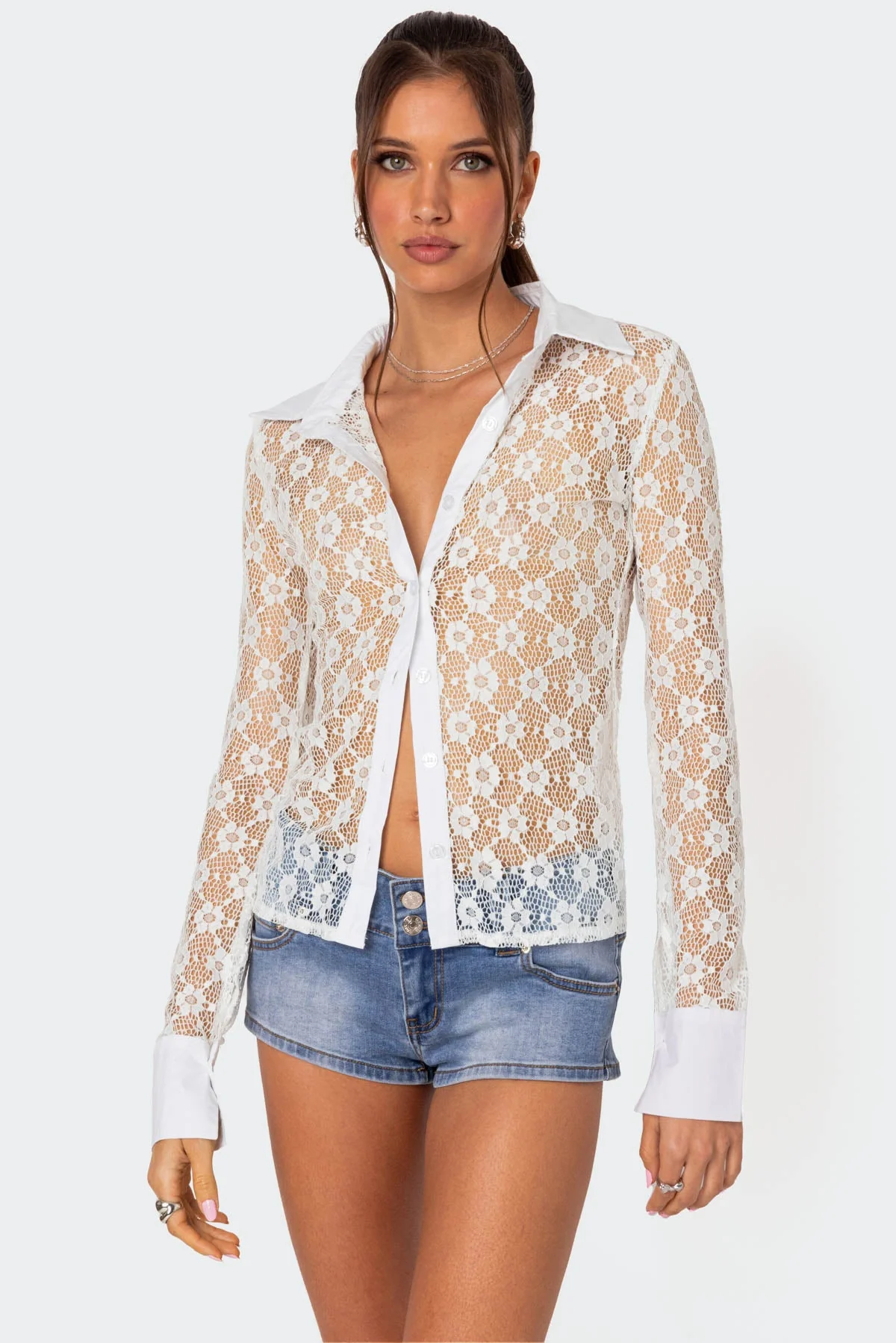 White Sheer Lace Button-Up Shirt