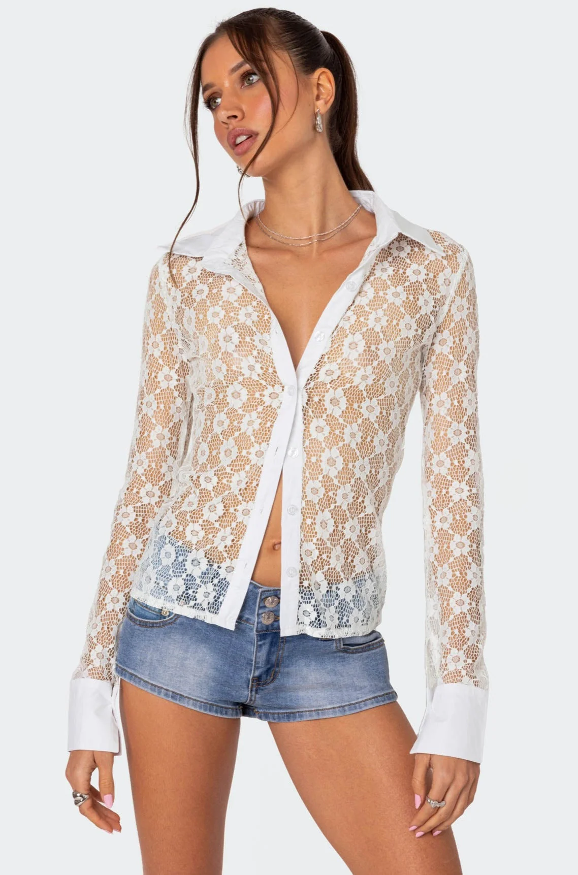 White Sheer Lace Button-Up Shirt