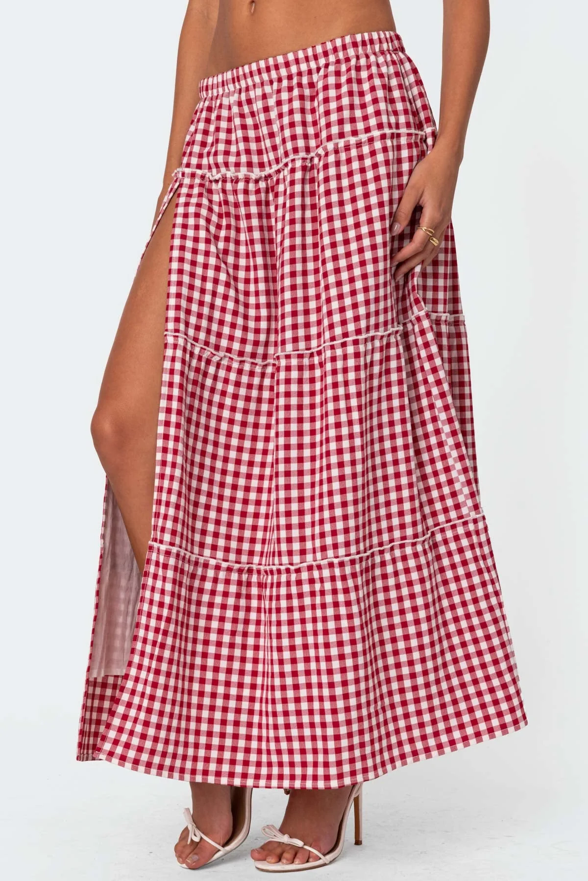 Red Gingham Tiered Maxi Skirt
