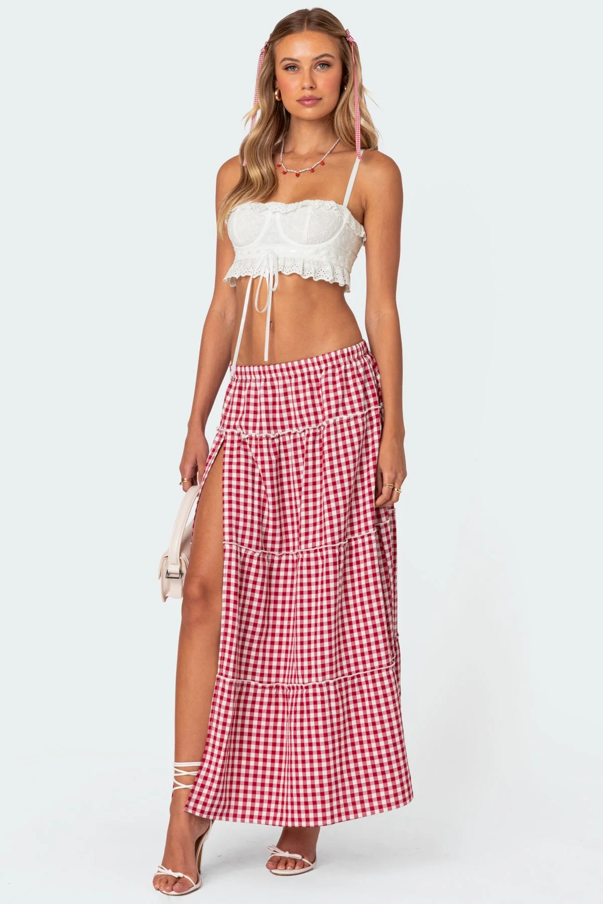 Red Gingham Tiered Maxi Skirt