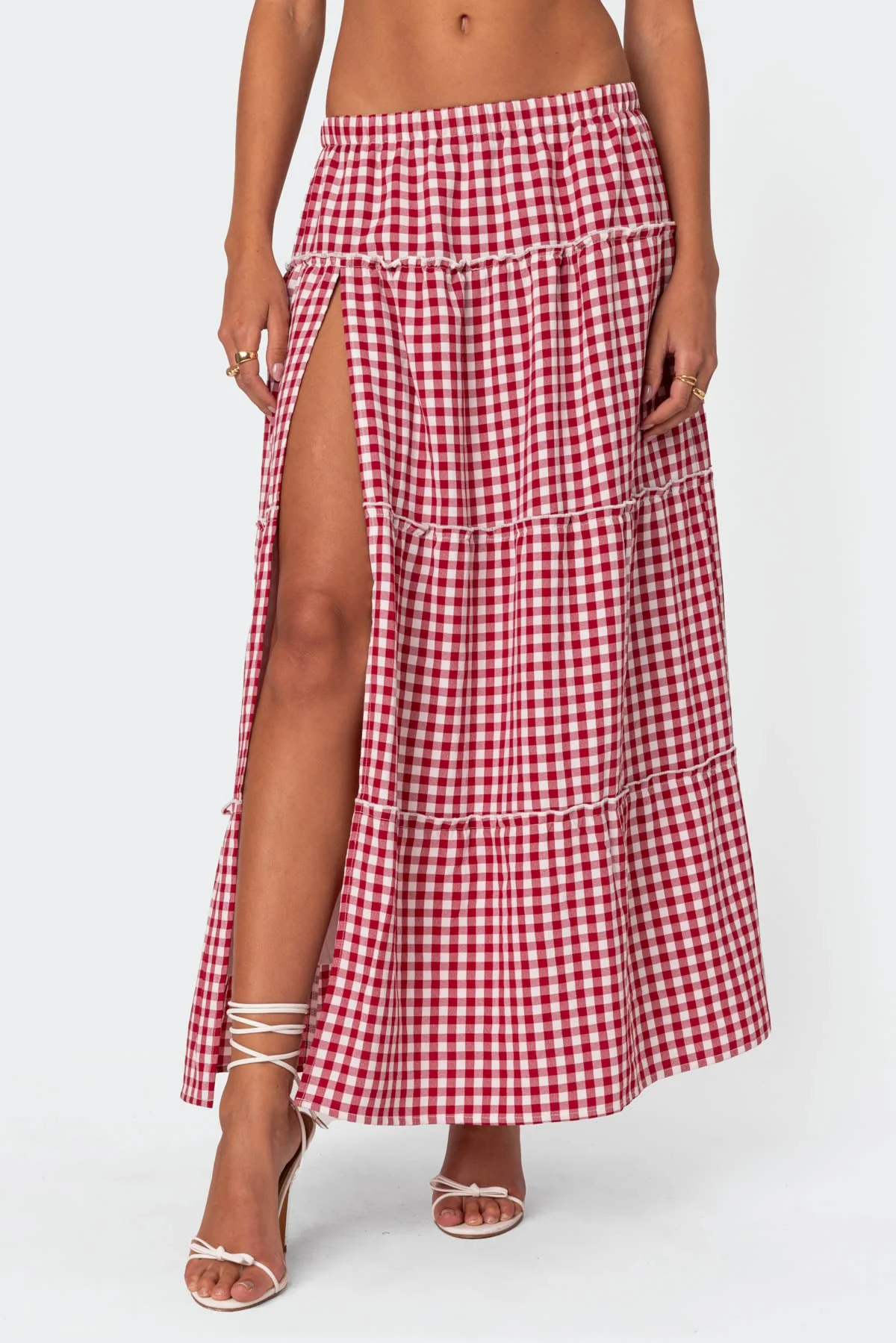 Red Gingham Tiered Maxi Skirt