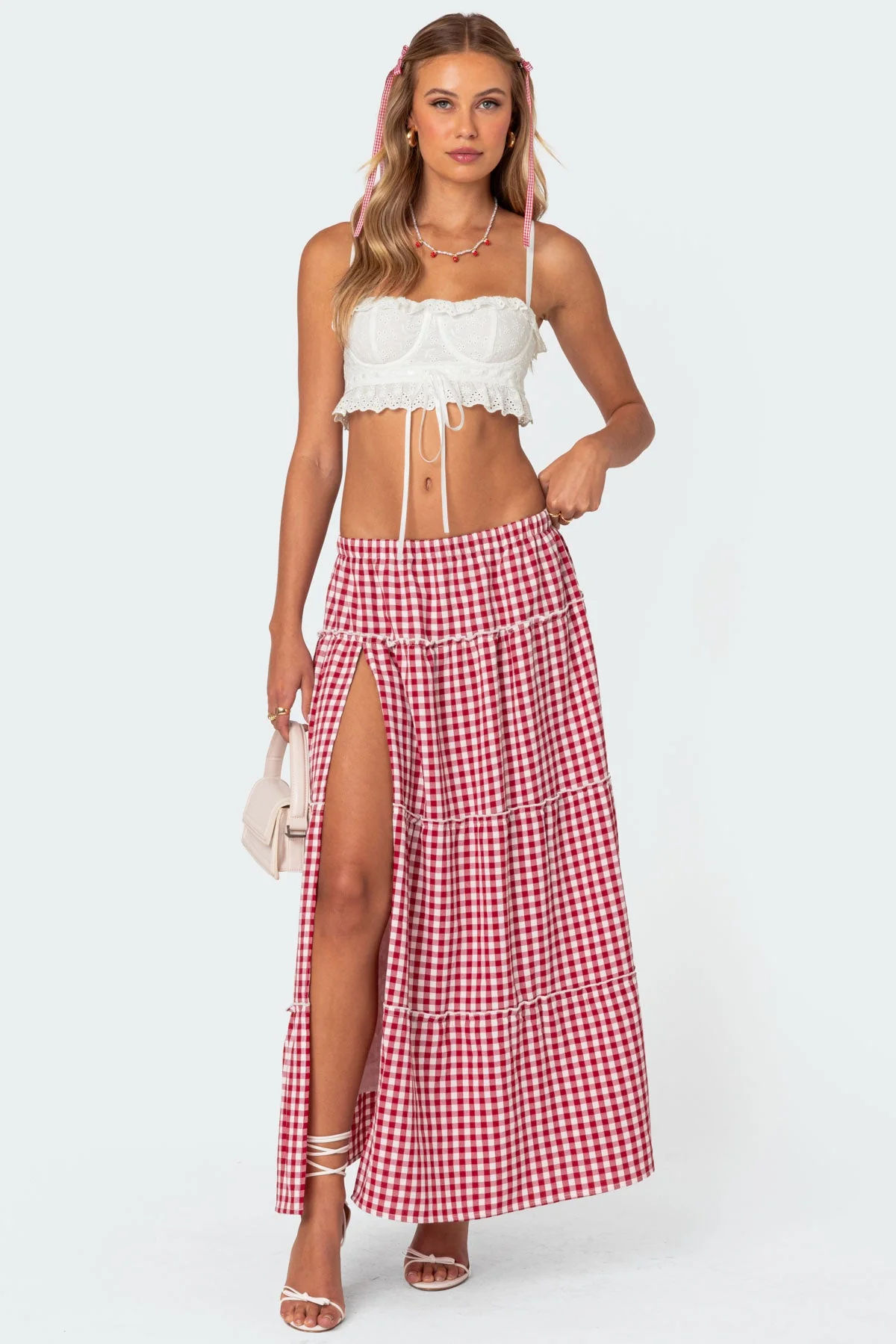Red Gingham Tiered Maxi Skirt