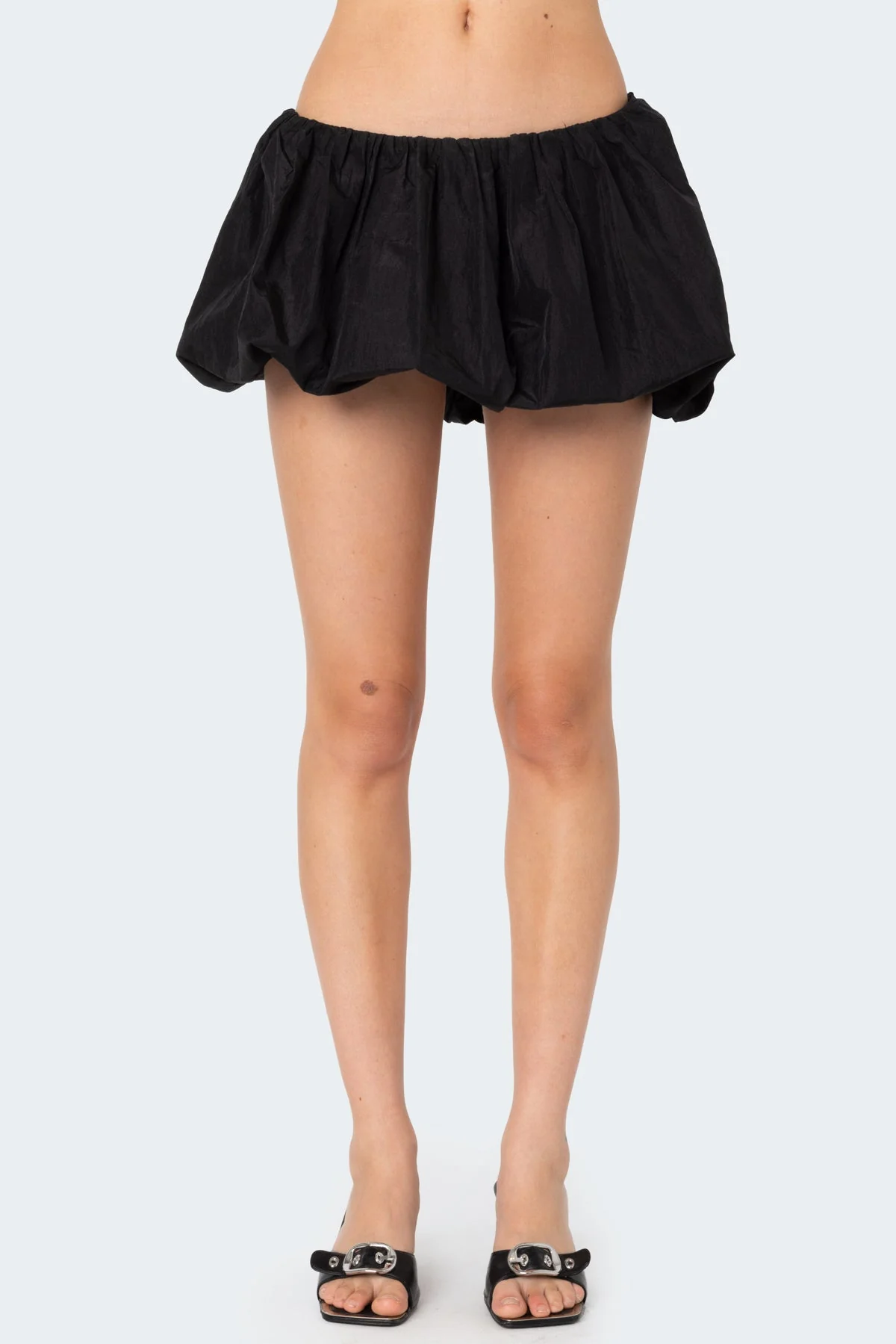 Nylon Bubble Mini Skirt - Black Elastic Waistband