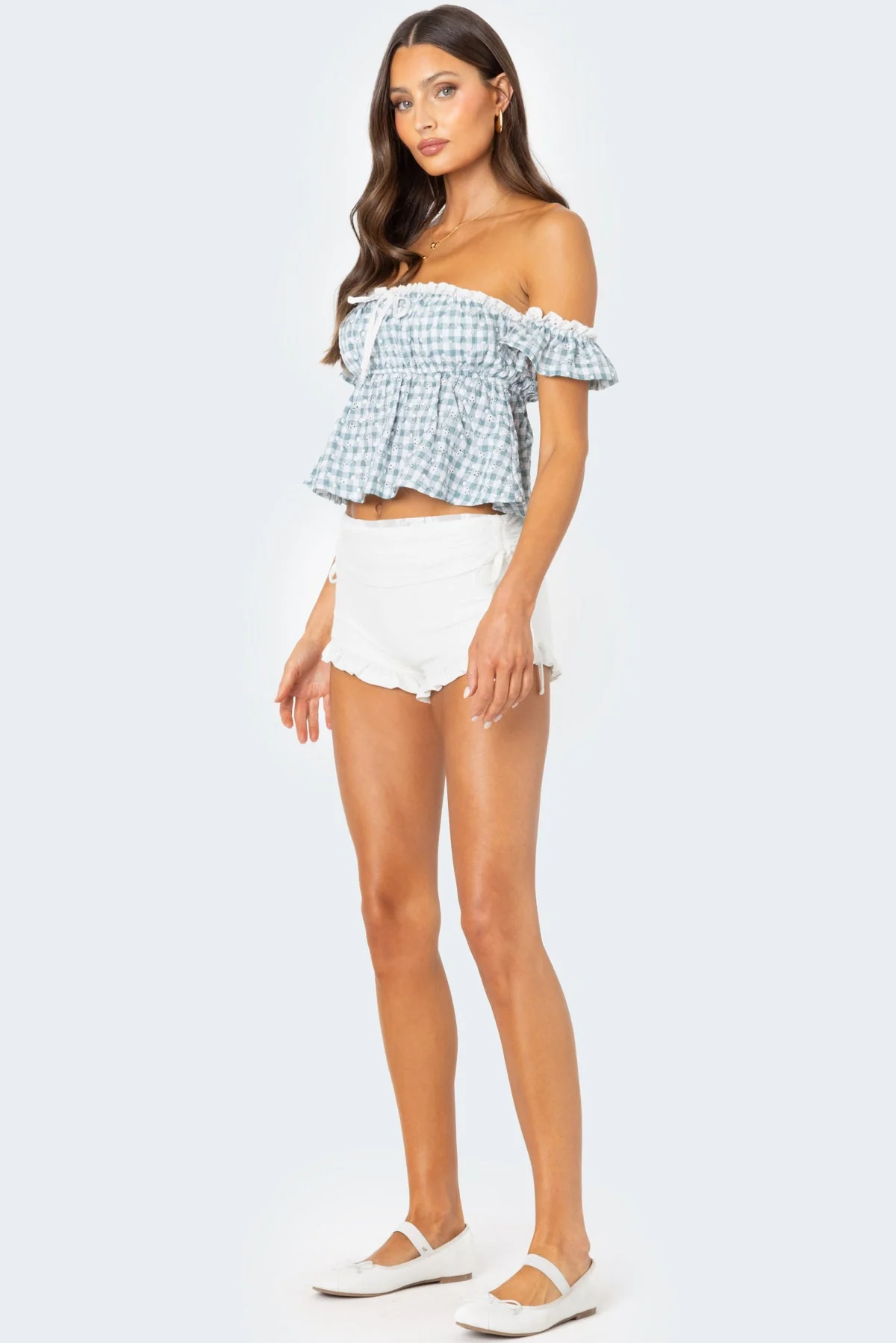 Cream Ruffle Waistband Drawstring Shorts Womens Casual Active Beachwear