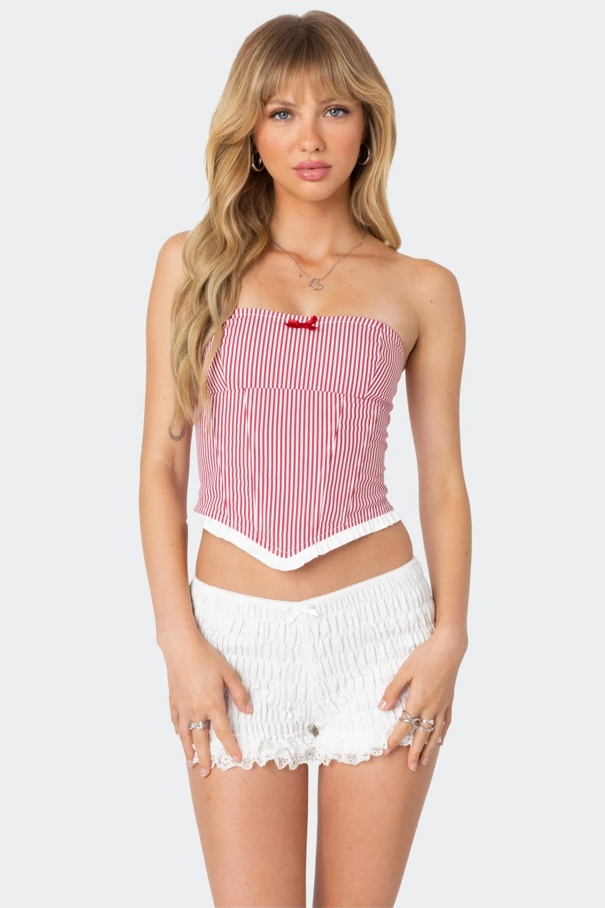 Red Poplin Corset with Pinstripe Pattern - Lace-Up Back Closure