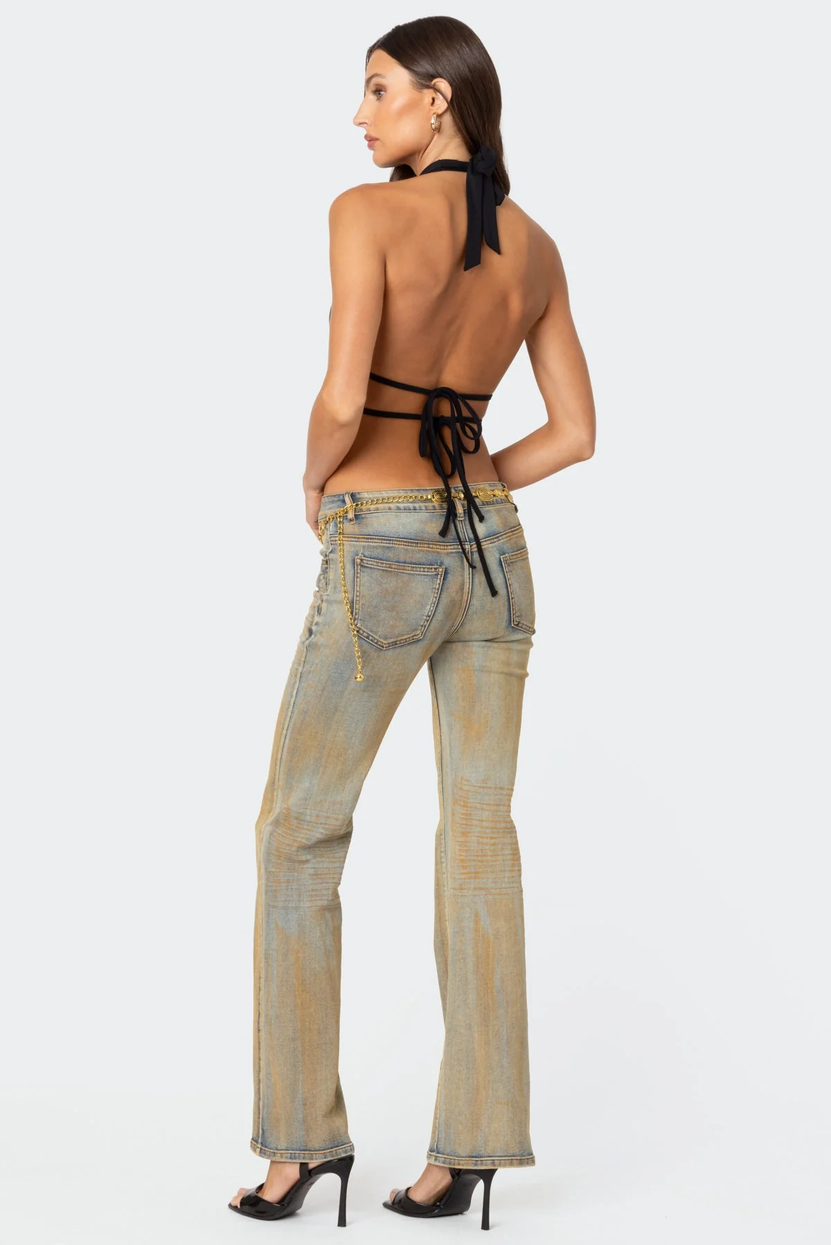 Luma Black Backless Halter Top with Split Front Design