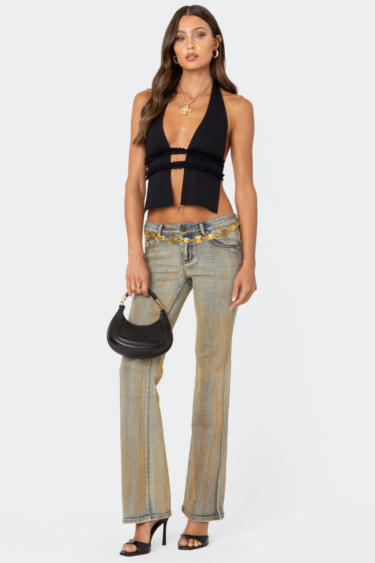 Luma Black Backless Halter Top with Split Front Design