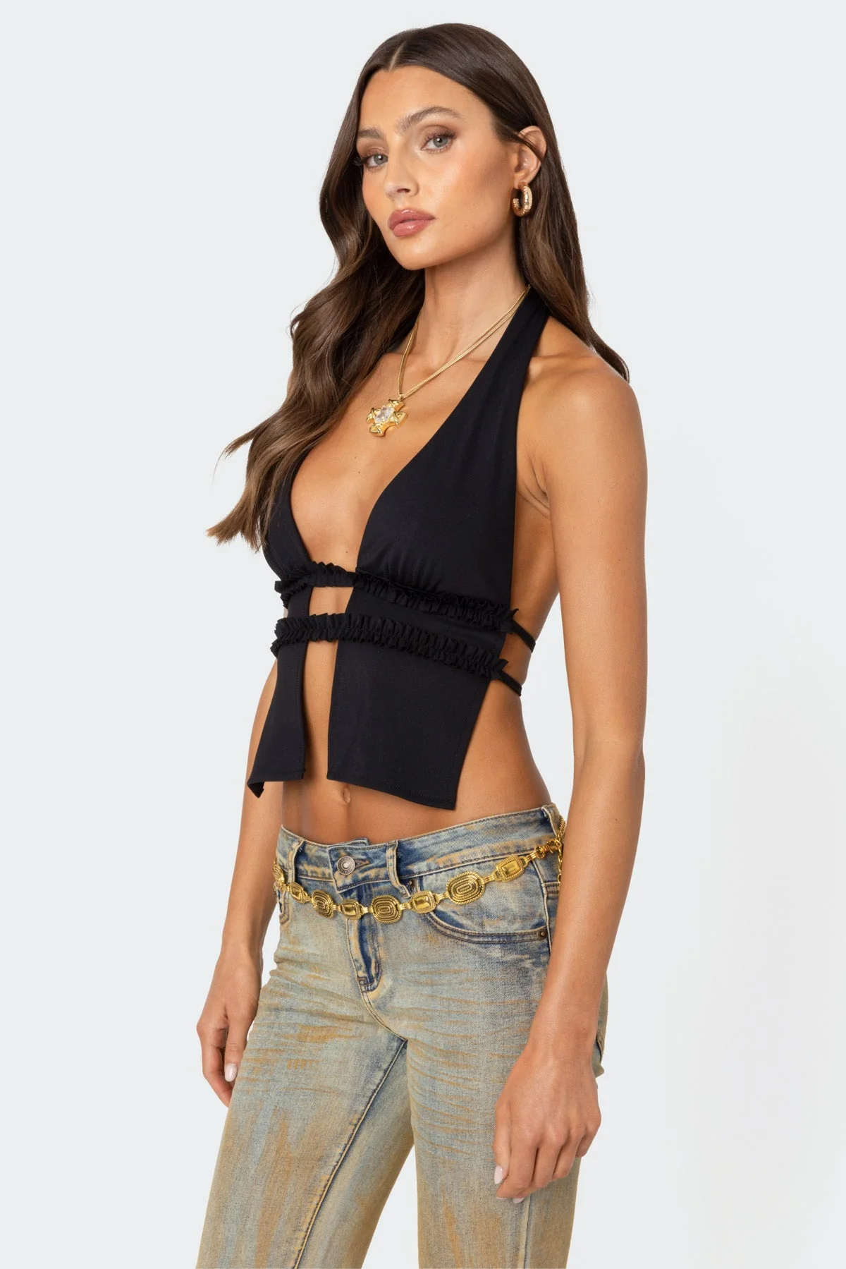 Luma Black Backless Halter Top with Split Front Design