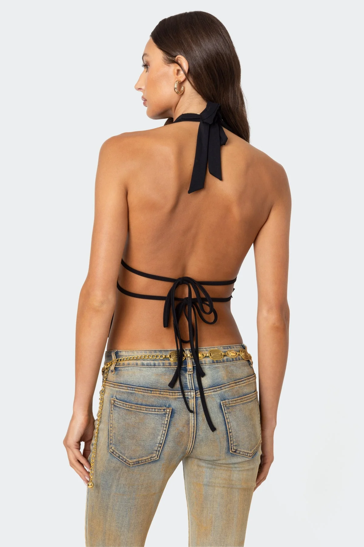 Luma Black Backless Halter Top with Split Front Design