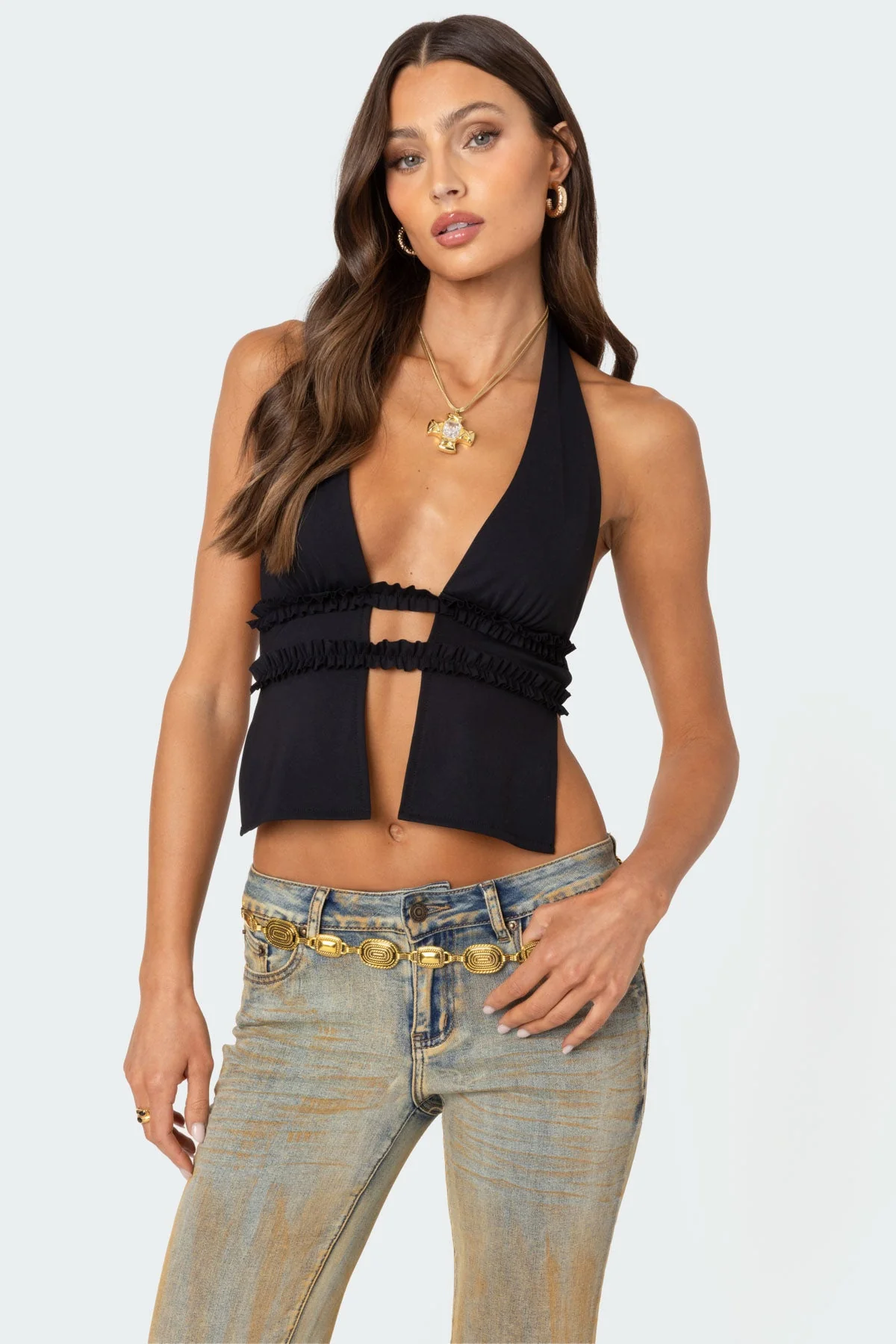 Luma Black Backless Halter Top with Split Front Design