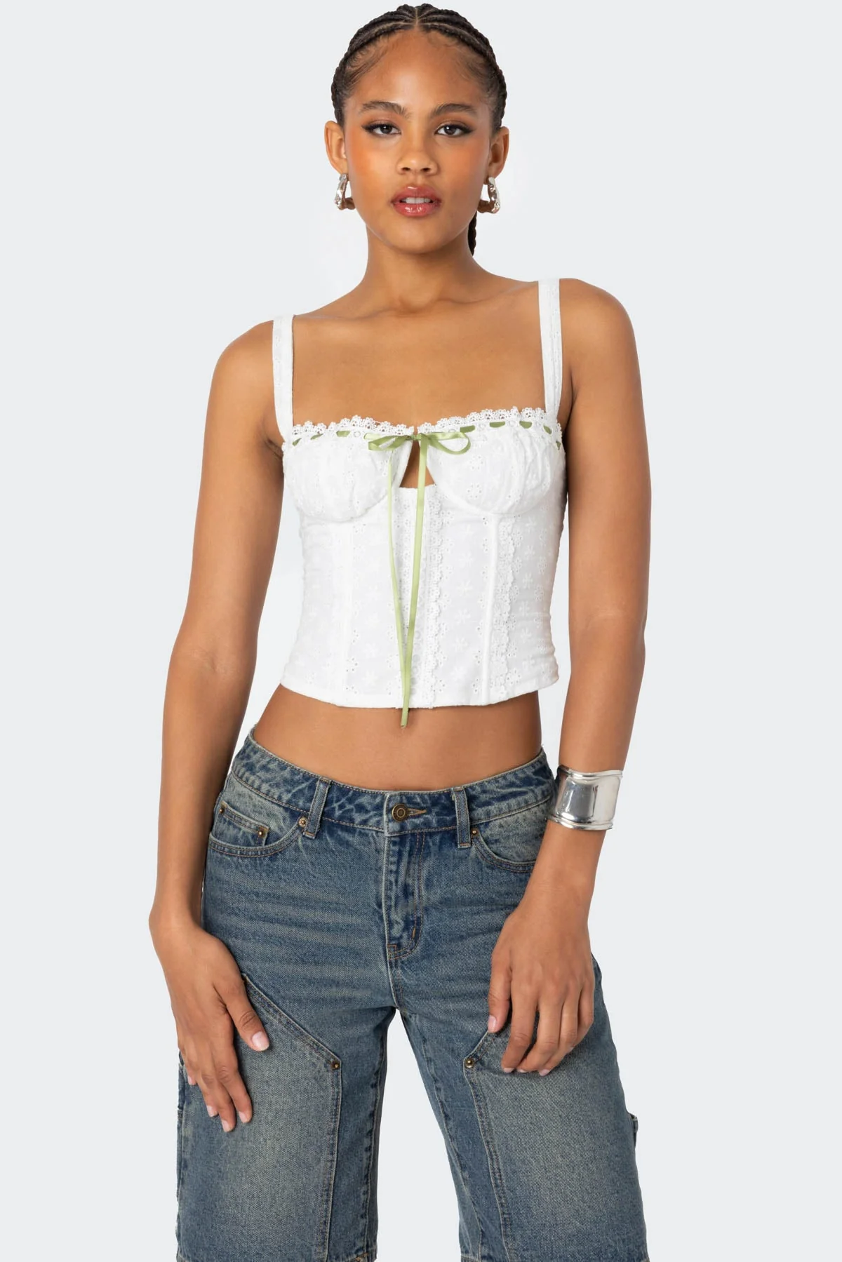 White Eyelet Lace Corset Top - Ribbon Detail Garden Style