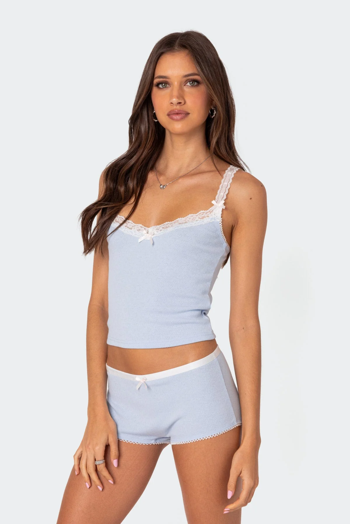 Pointelle Lace Trim Light Blue Tank Top