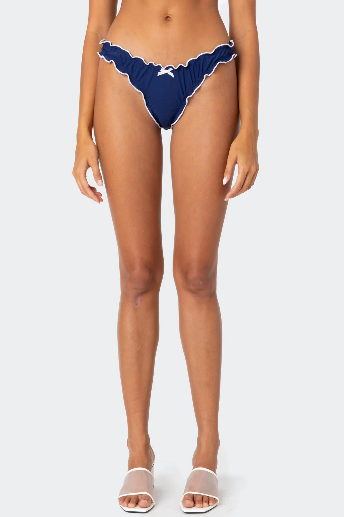 Navy Ruffle Bikini Bottom with Bow Detail