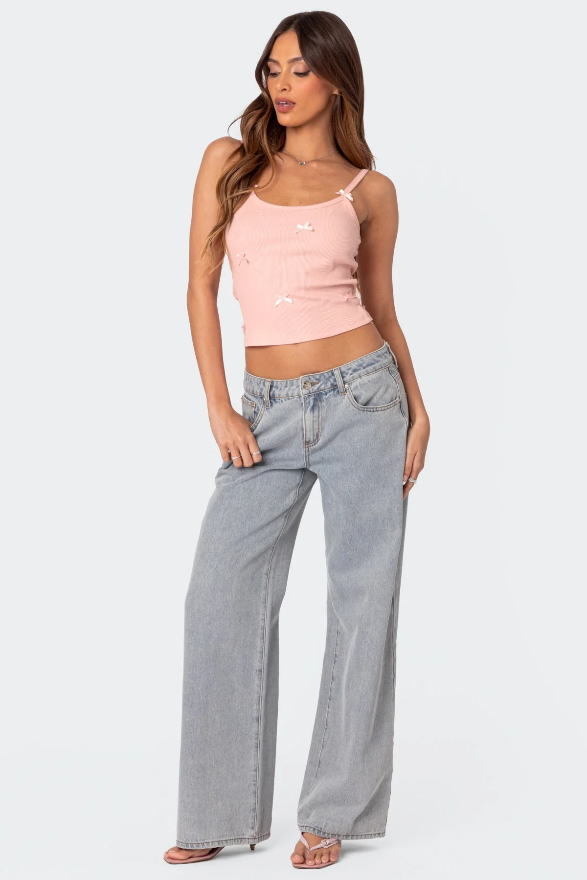 Ribbed Pink Tank Top with Bow Detail