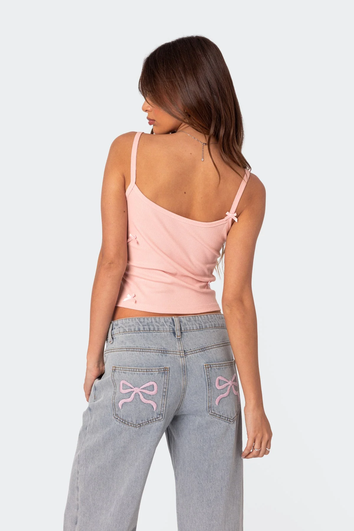 Ribbed Pink Tank Top with Bow Detail