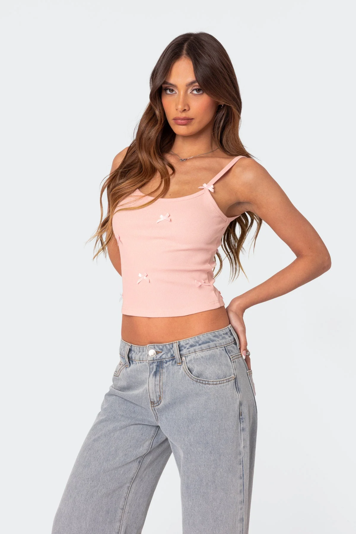 Ribbed Pink Tank Top with Bow Detail