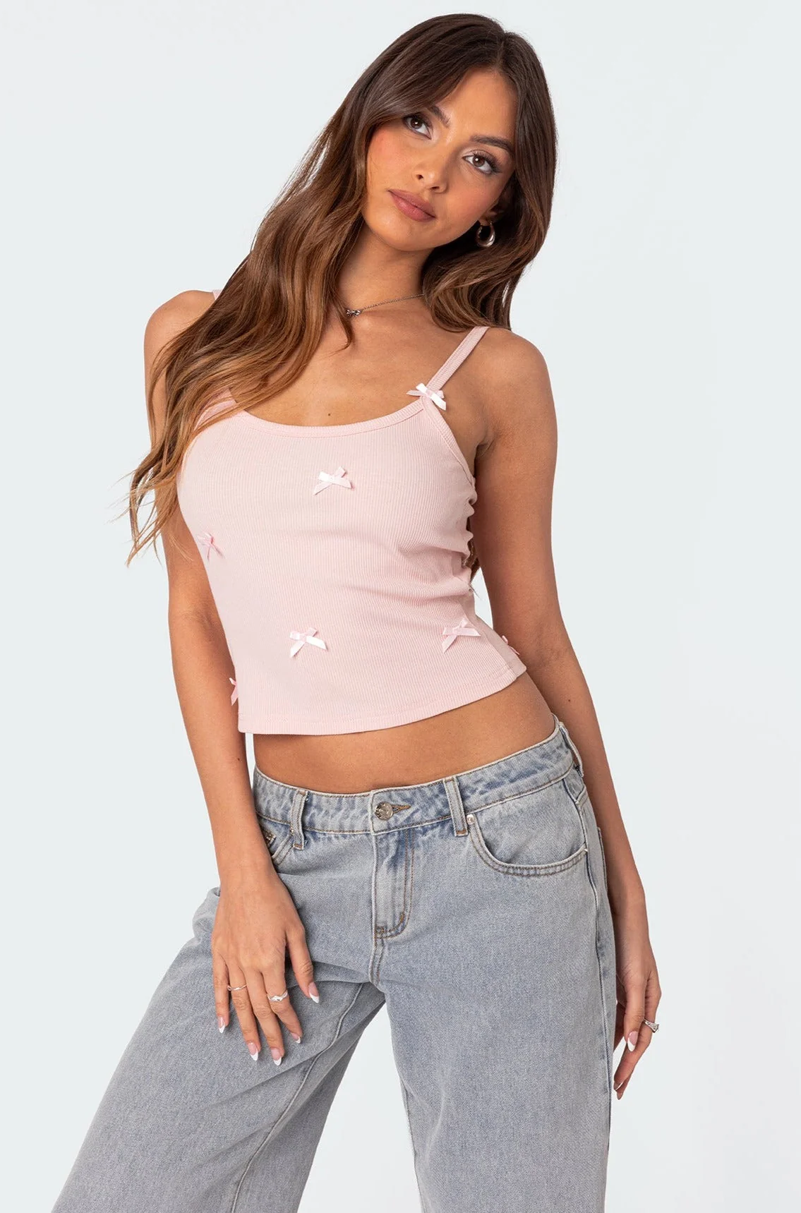 Ribbed Pink Tank Top with Bow Detail