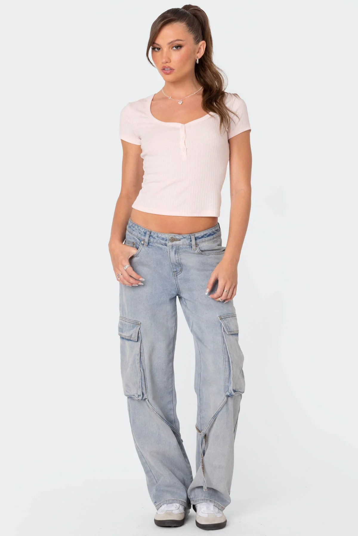 Light Pink Pointelle Henley Style T Shirt