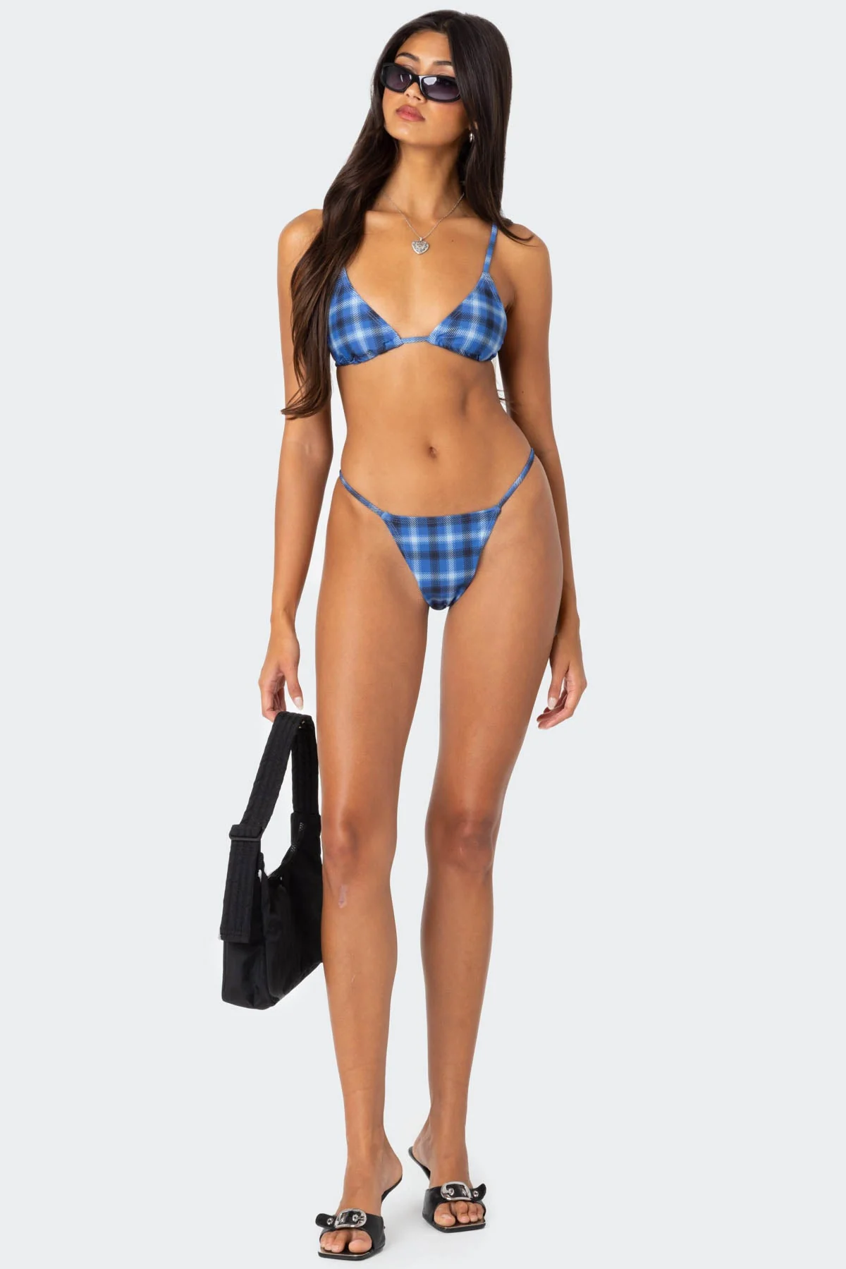 Blue Plaid Bikini Bottom - Adjustable Side Ties
