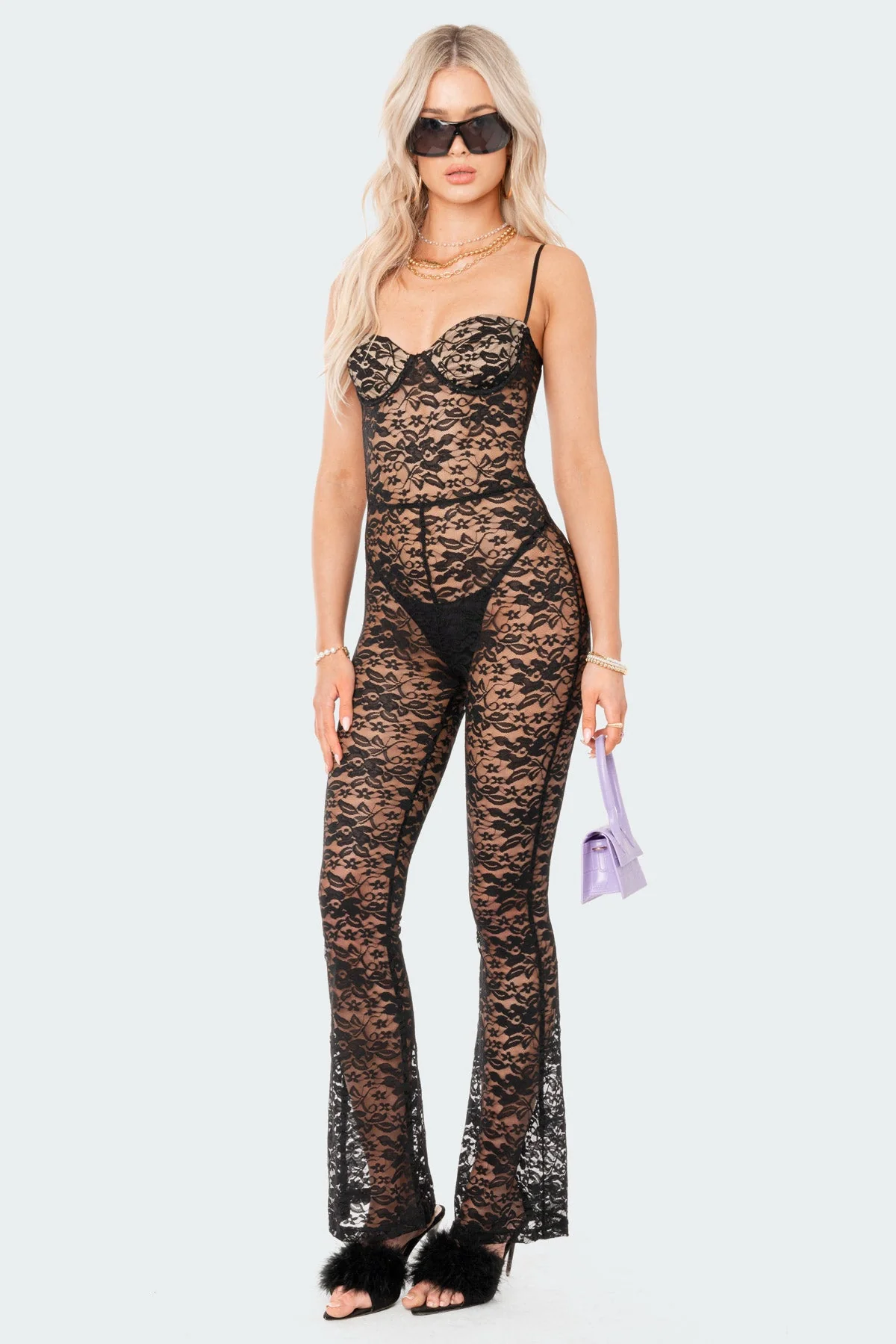 Black Lace Detail Jumpsuit - Elegant Evening Wear