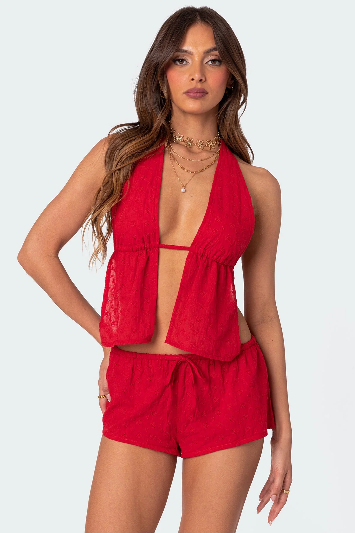 Cayenne Eyelet Halter Neck Top 100% Cotton Red