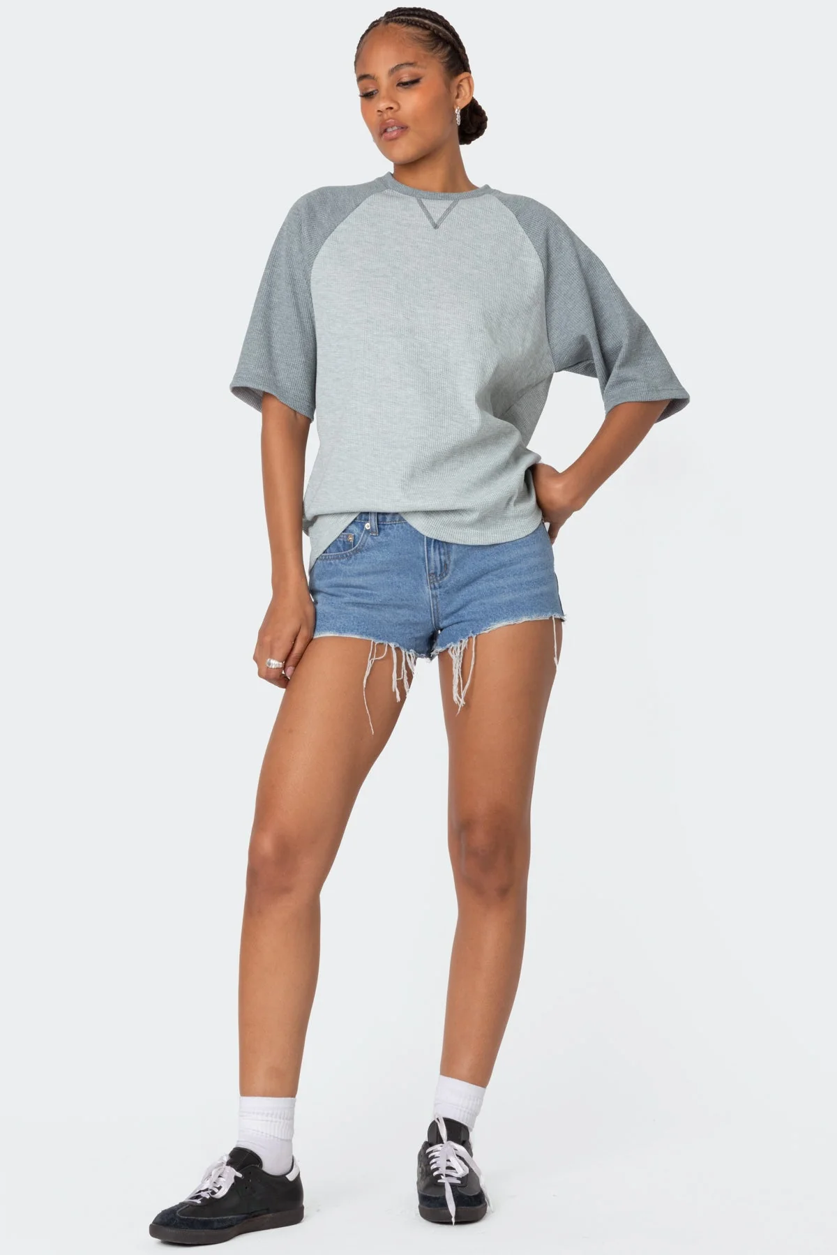 Gray Raglan Waffle Shirt - Oversized Fit