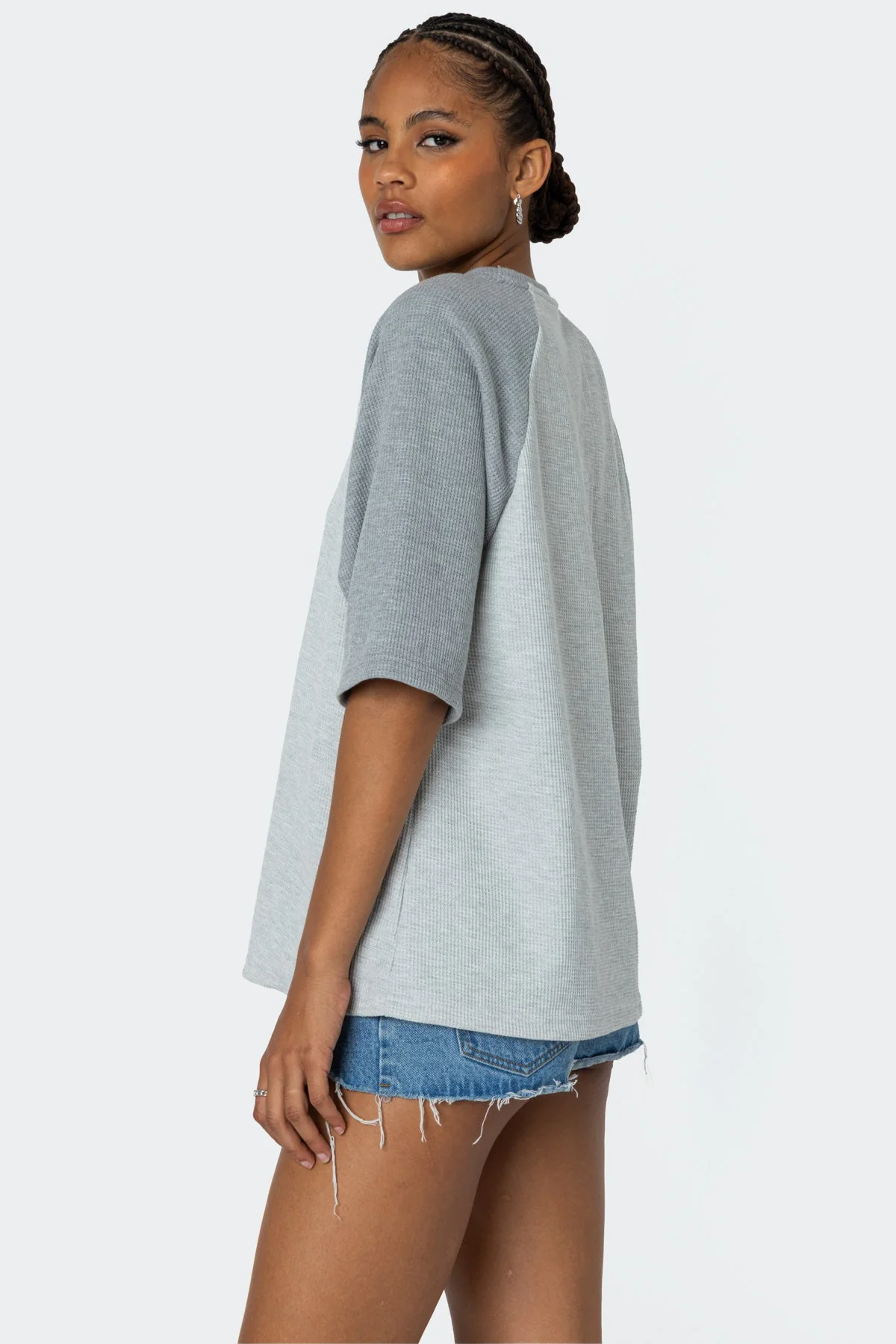 Gray Raglan Waffle Shirt - Oversized Fit
