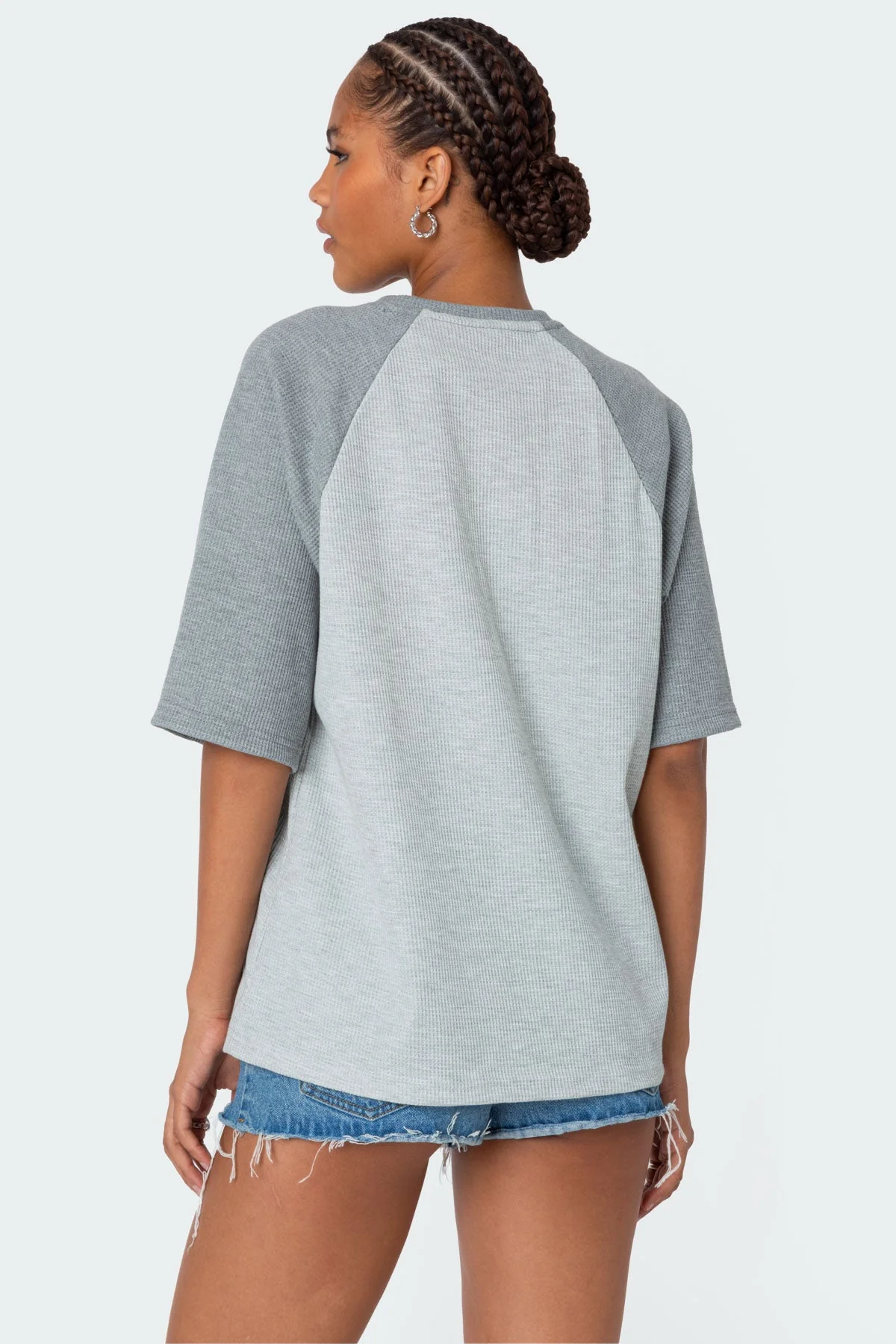 Gray Raglan Waffle Shirt - Oversized Fit