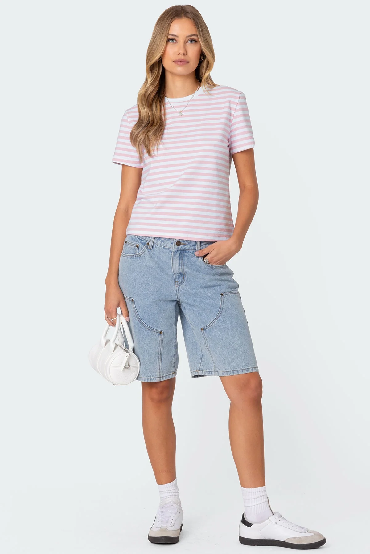 Striped Cotton T-Shirt Light Pink Relaxed Fit