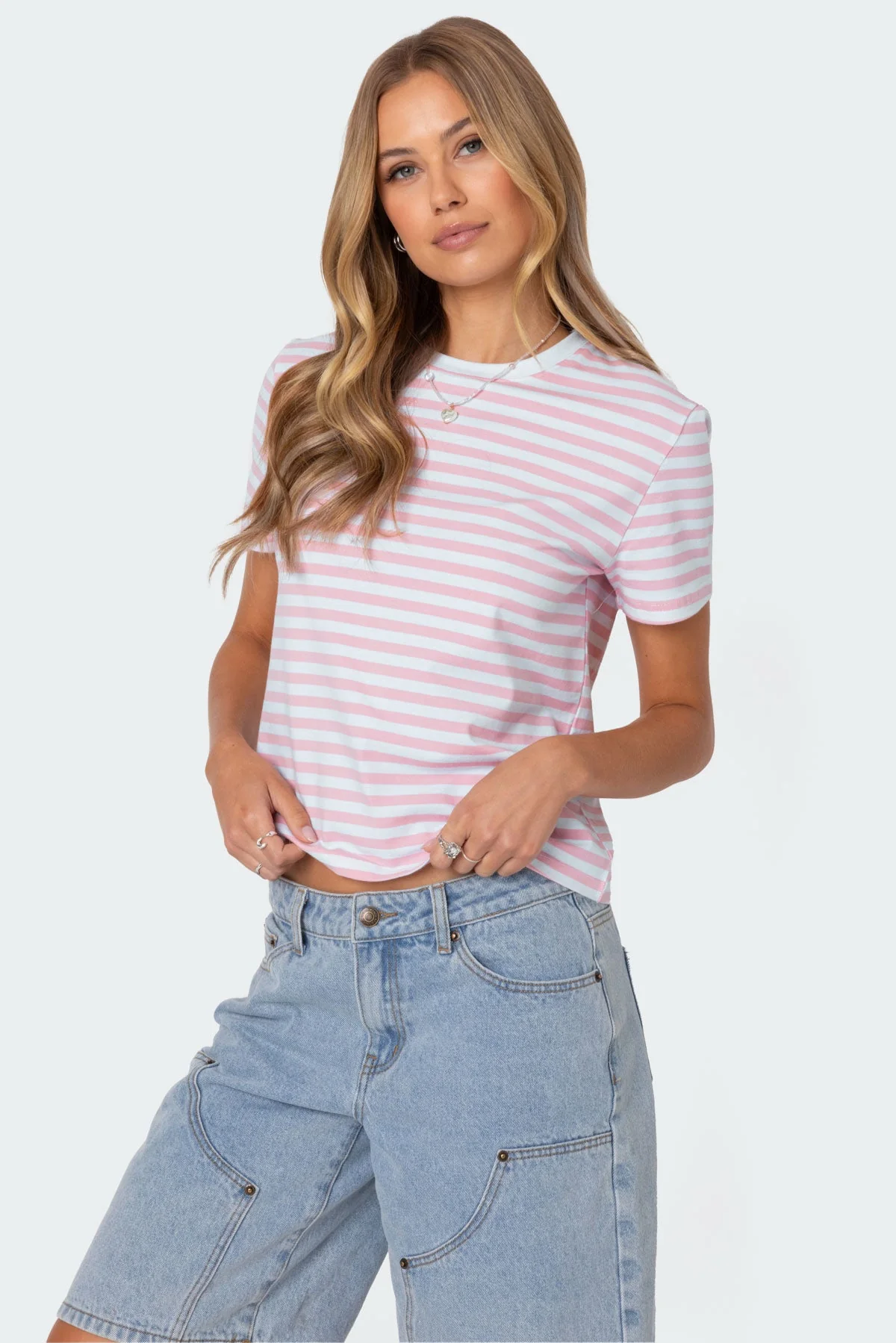 Striped Cotton T-Shirt Light Pink Relaxed Fit