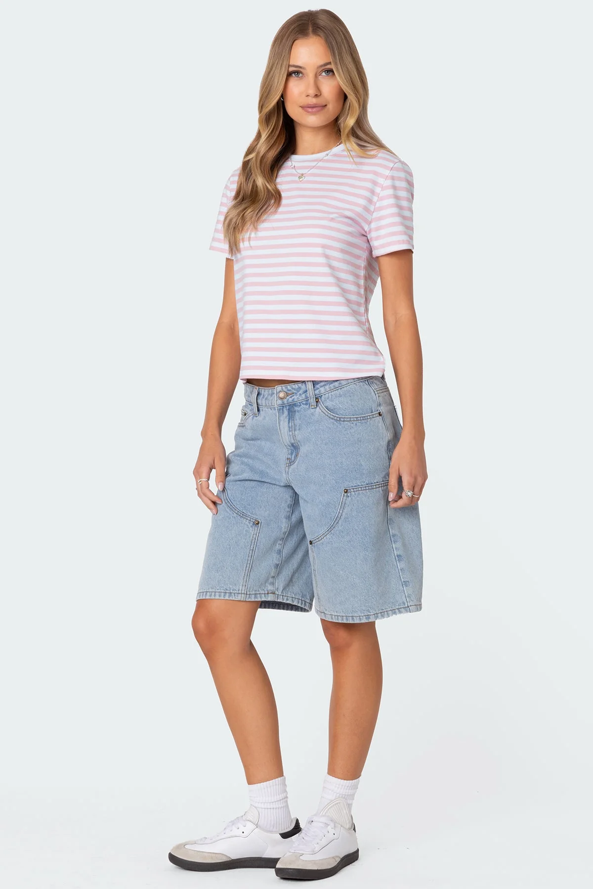 Striped Cotton T-Shirt Light Pink Relaxed Fit