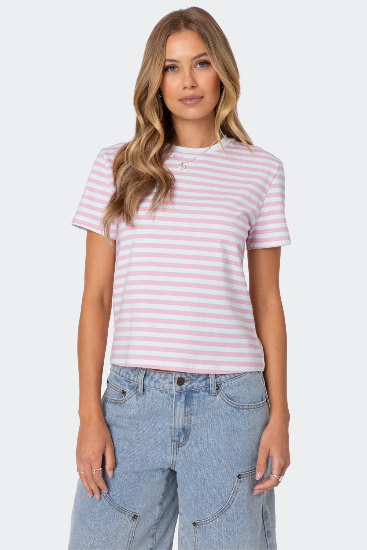 Striped Cotton T-Shirt Light Pink Relaxed Fit
