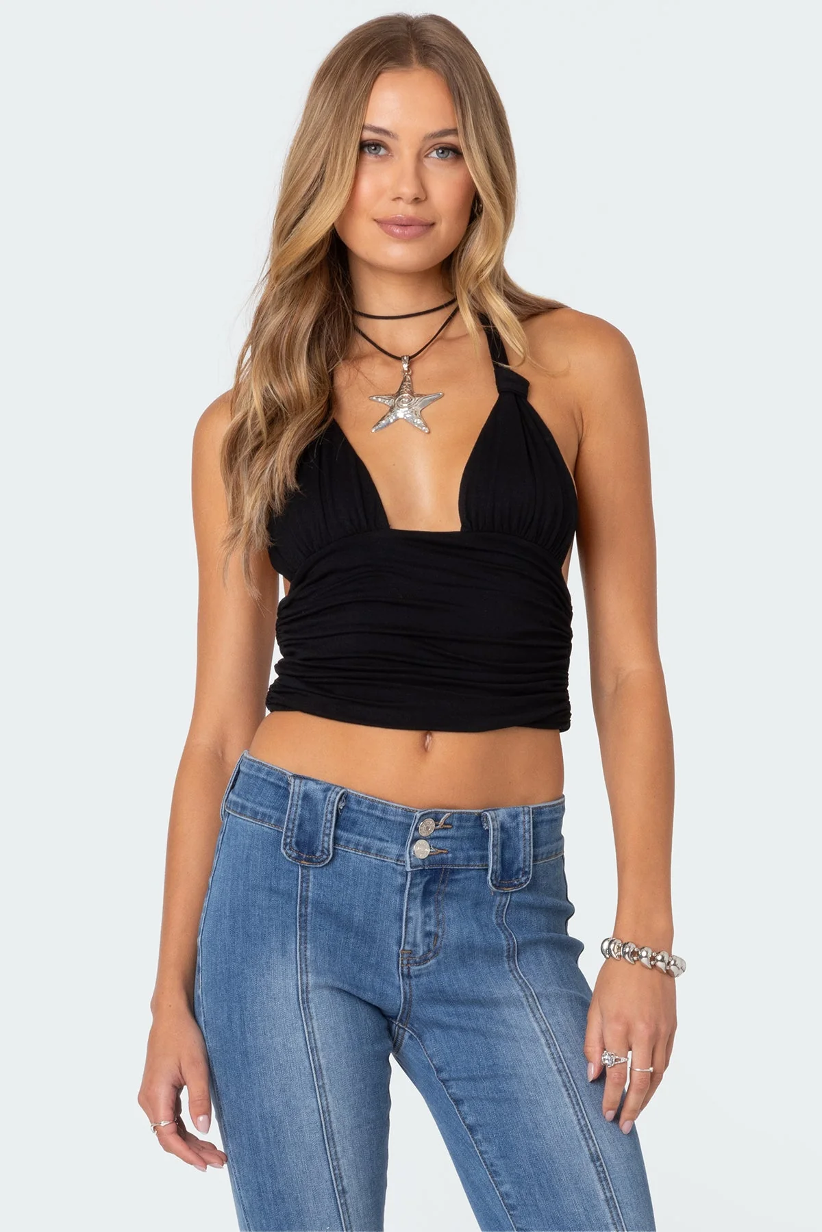 Black Knotted Halter Top for Women