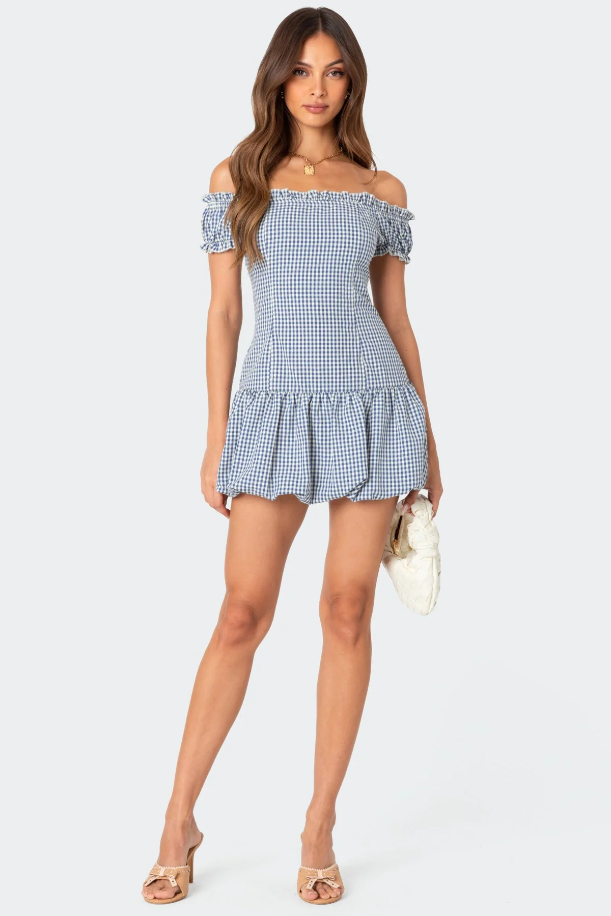 Blue and White Gingham Bubble Mini Dress
