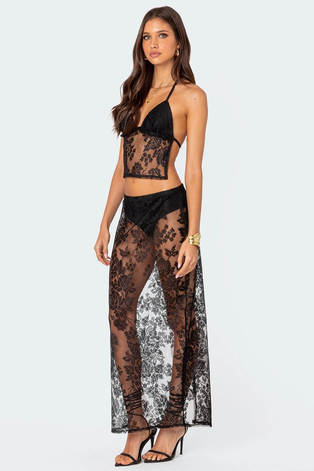 Sheer Lace Halter Neck Crop Top