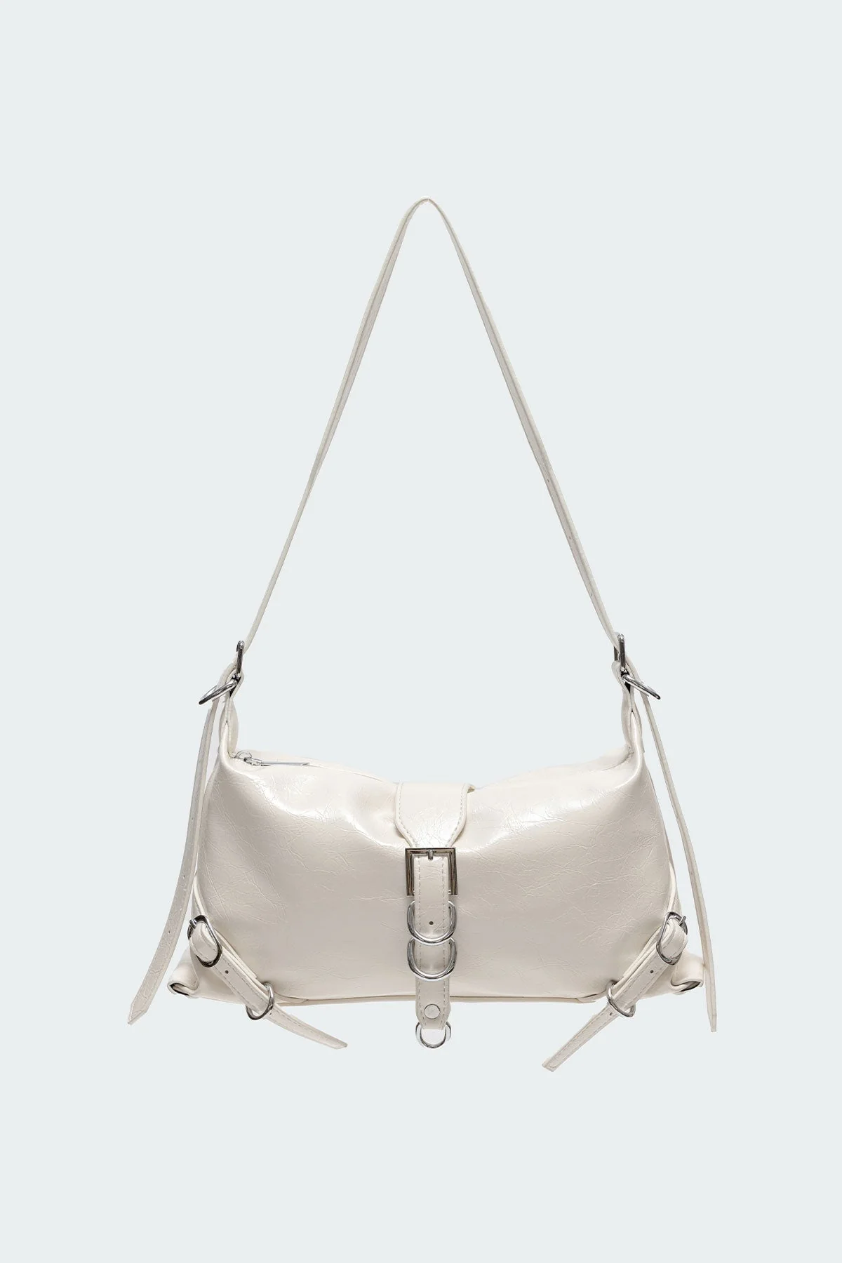 White Faux Leather Shoulder Bag with Buckle Detailing