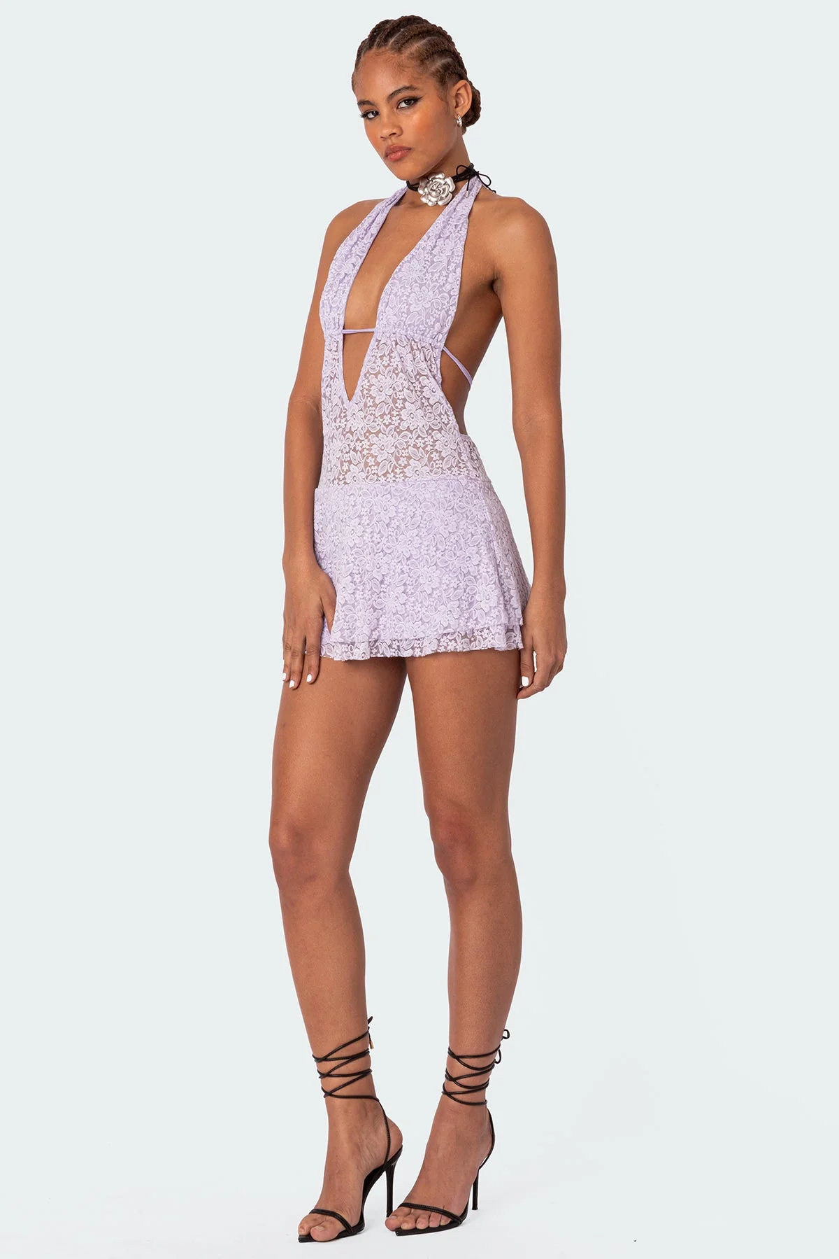 Sheer Lace Halter Neck Mini Dress with Open Back Detail