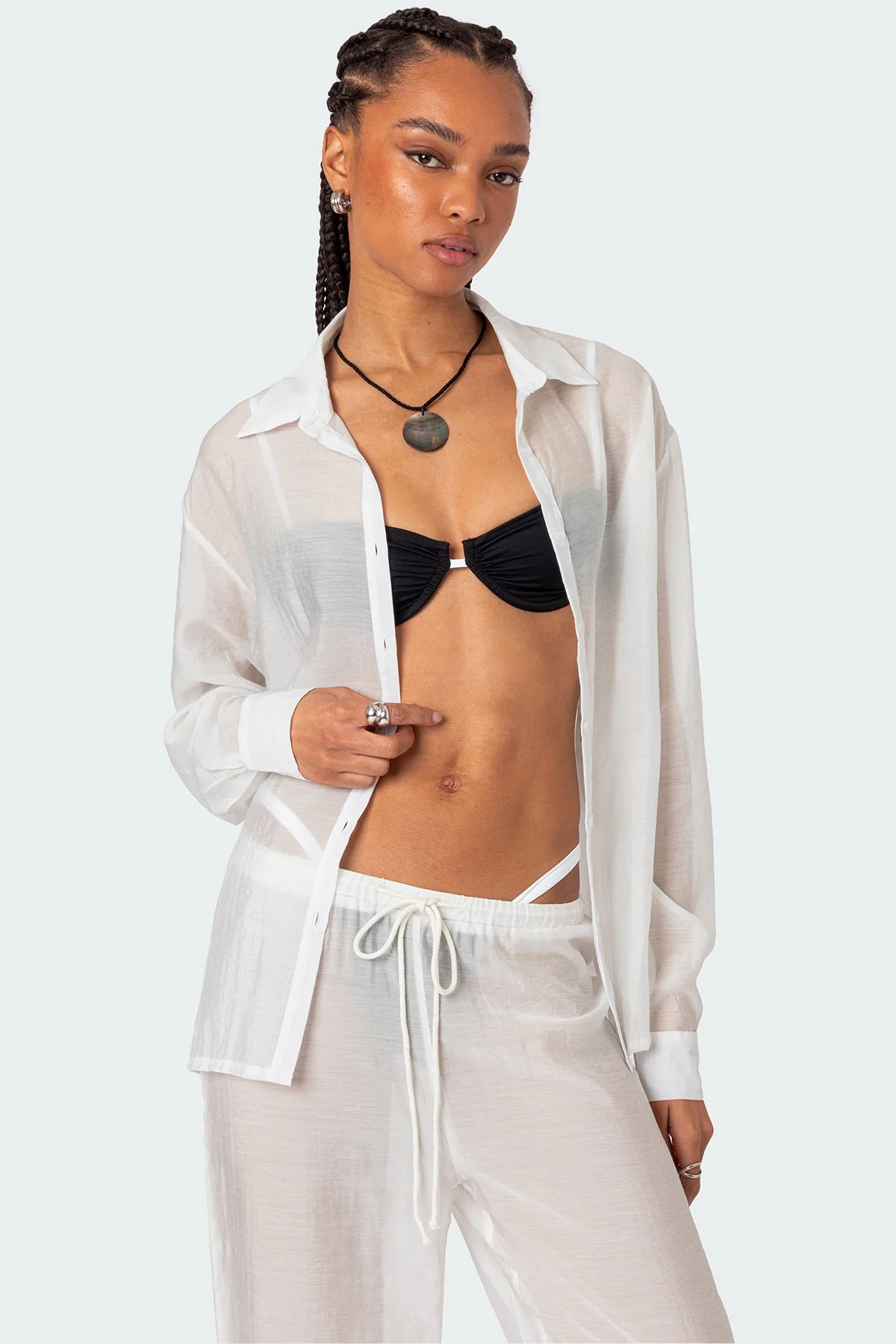 White Sheer Oversized Button Up Shirt