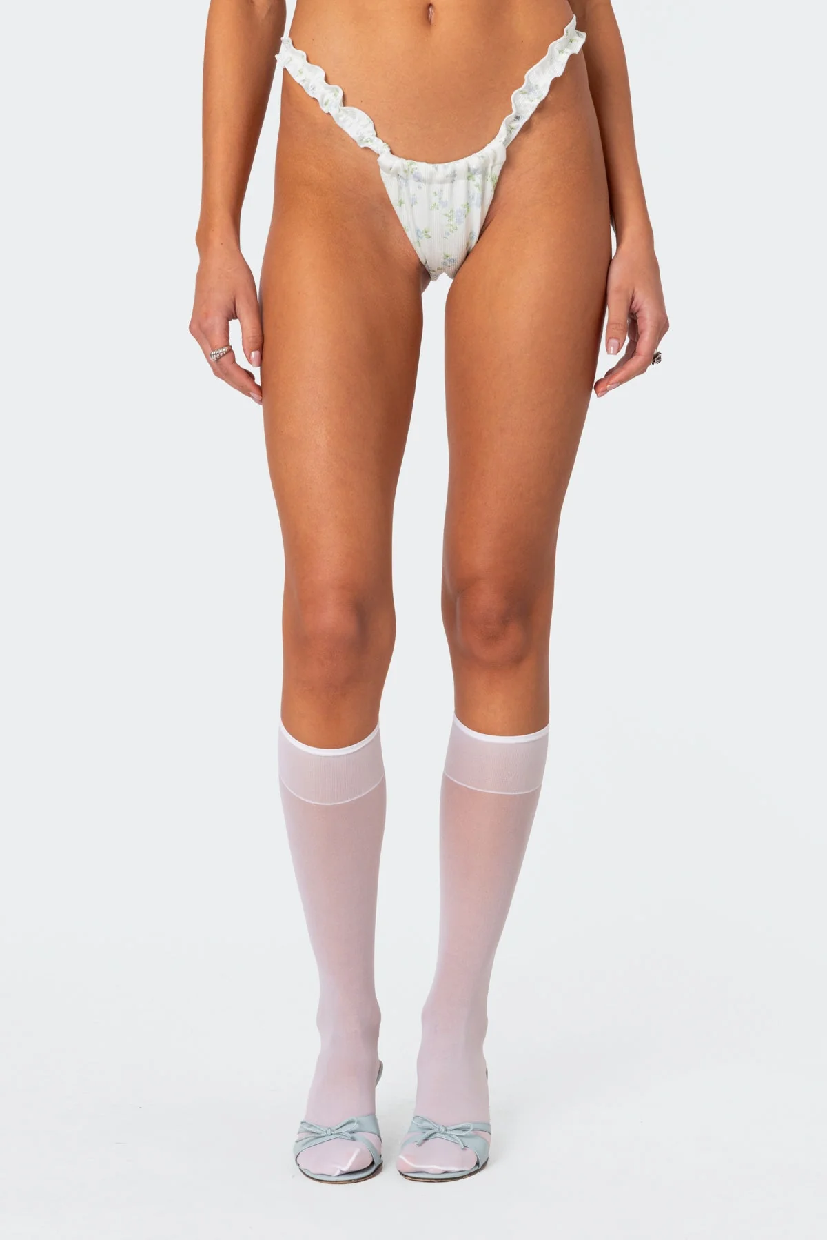 White Floral Scrunch Bikini Bottoms Swimwear