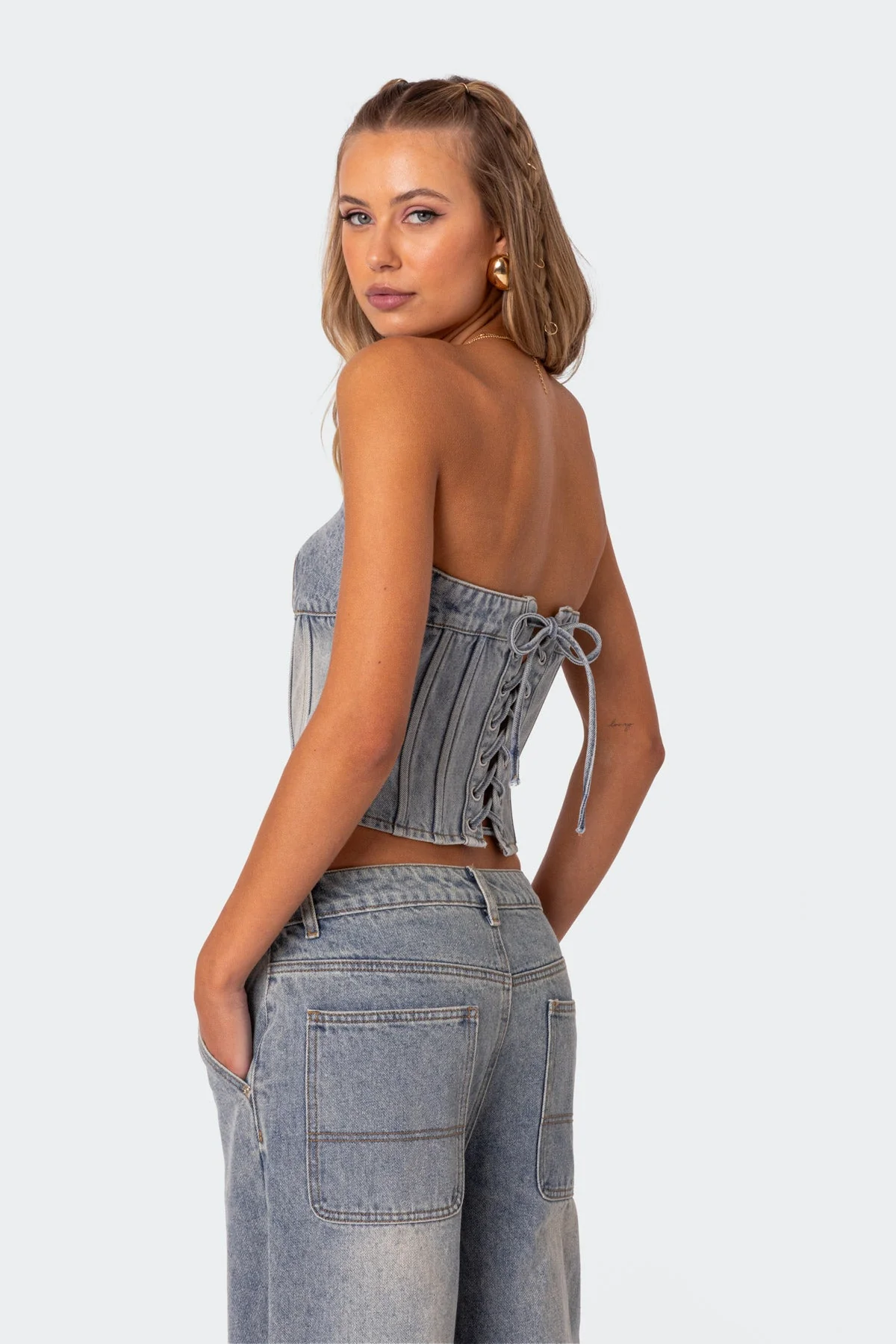 Washed Denim Corset - Blue Lace-Up Bodice | S16048_BLUE