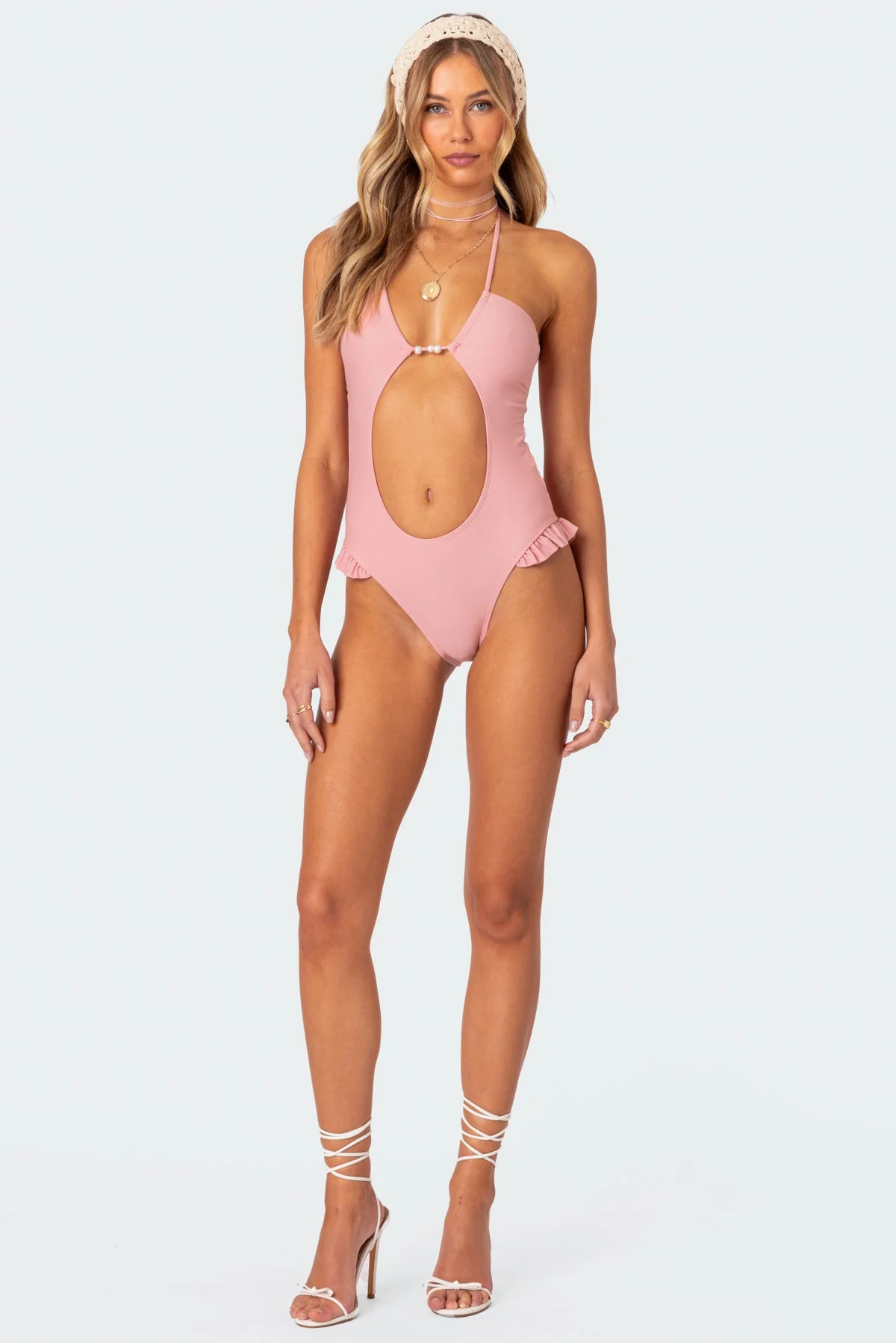 Pink Cut Out One-Piece Swimsuit with Bead Detailing