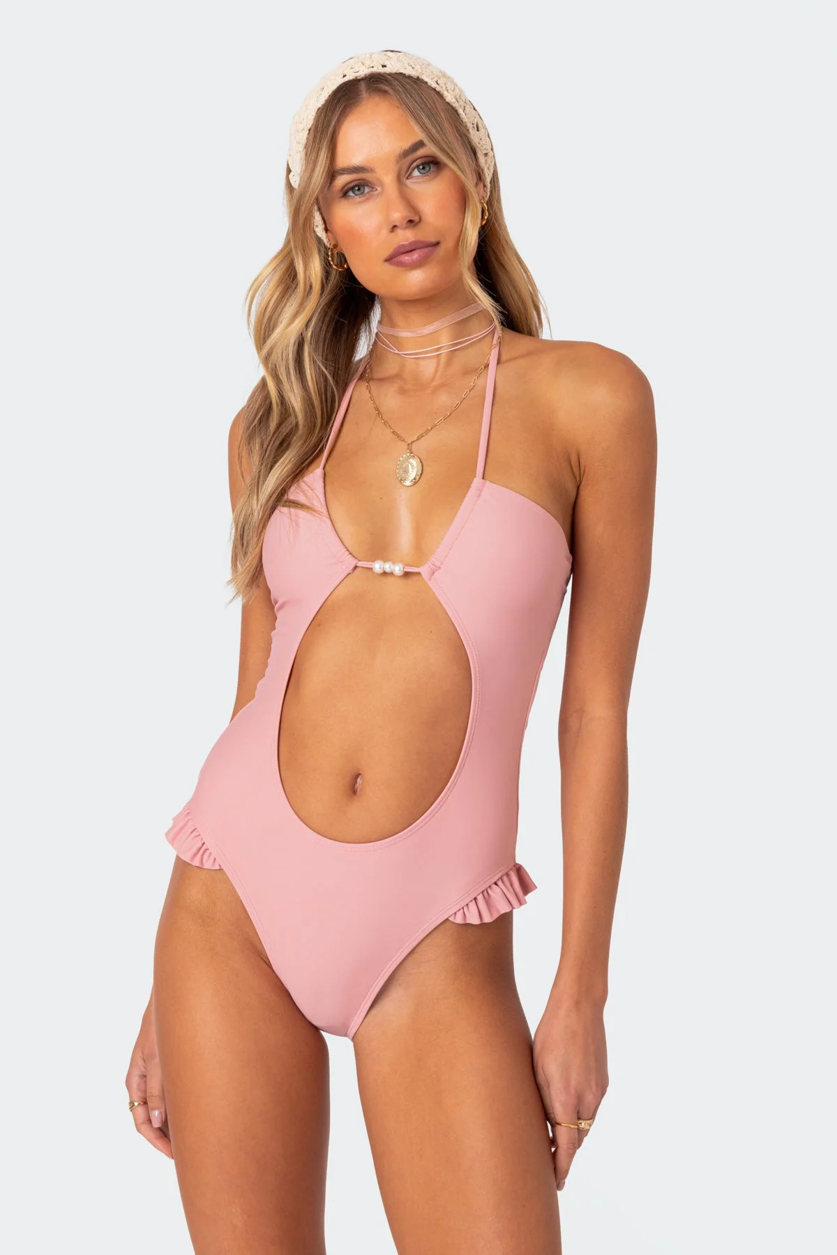 Pink Cut Out One-Piece Swimsuit with Bead Detailing