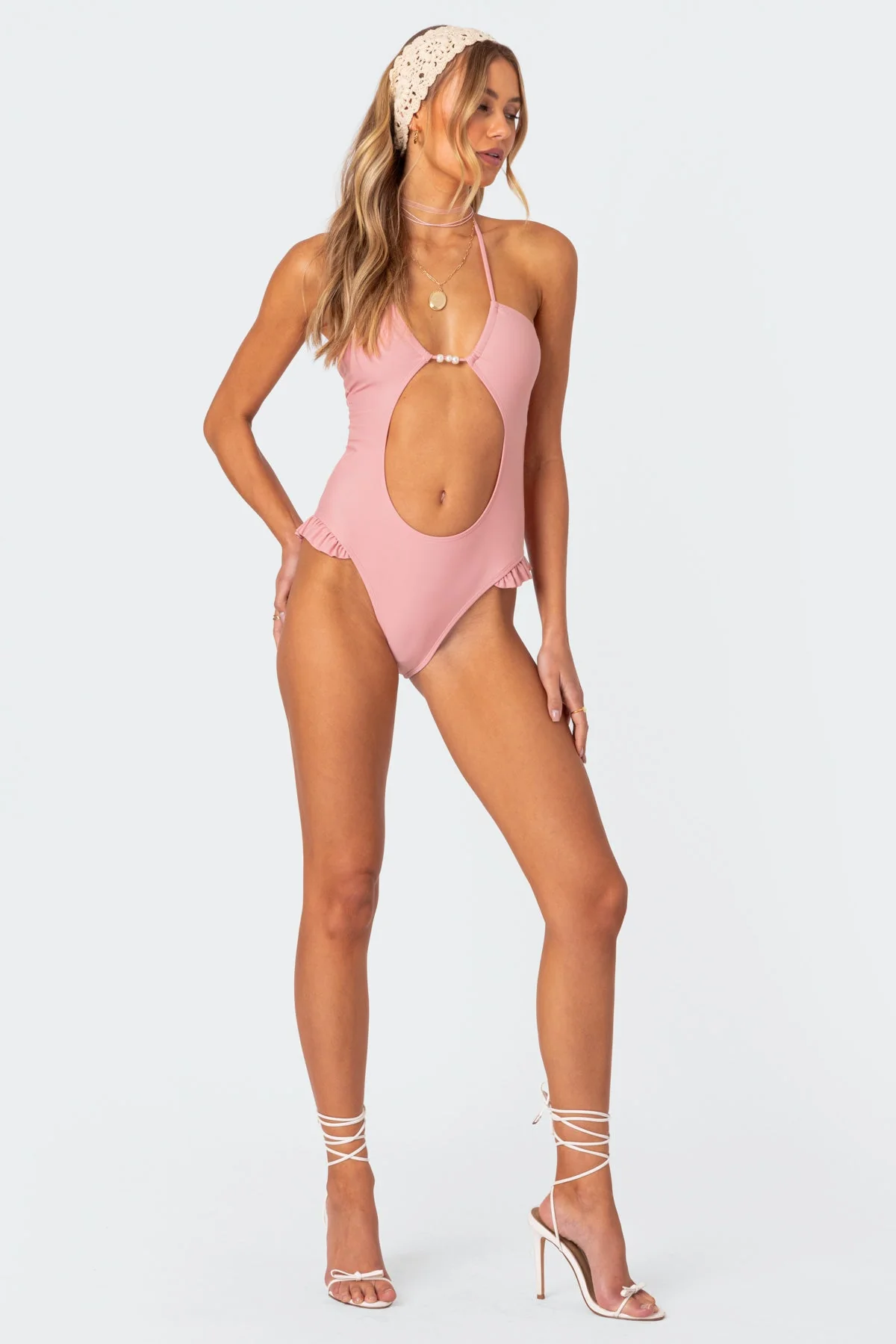 Pink Cut Out One-Piece Swimsuit with Bead Detailing