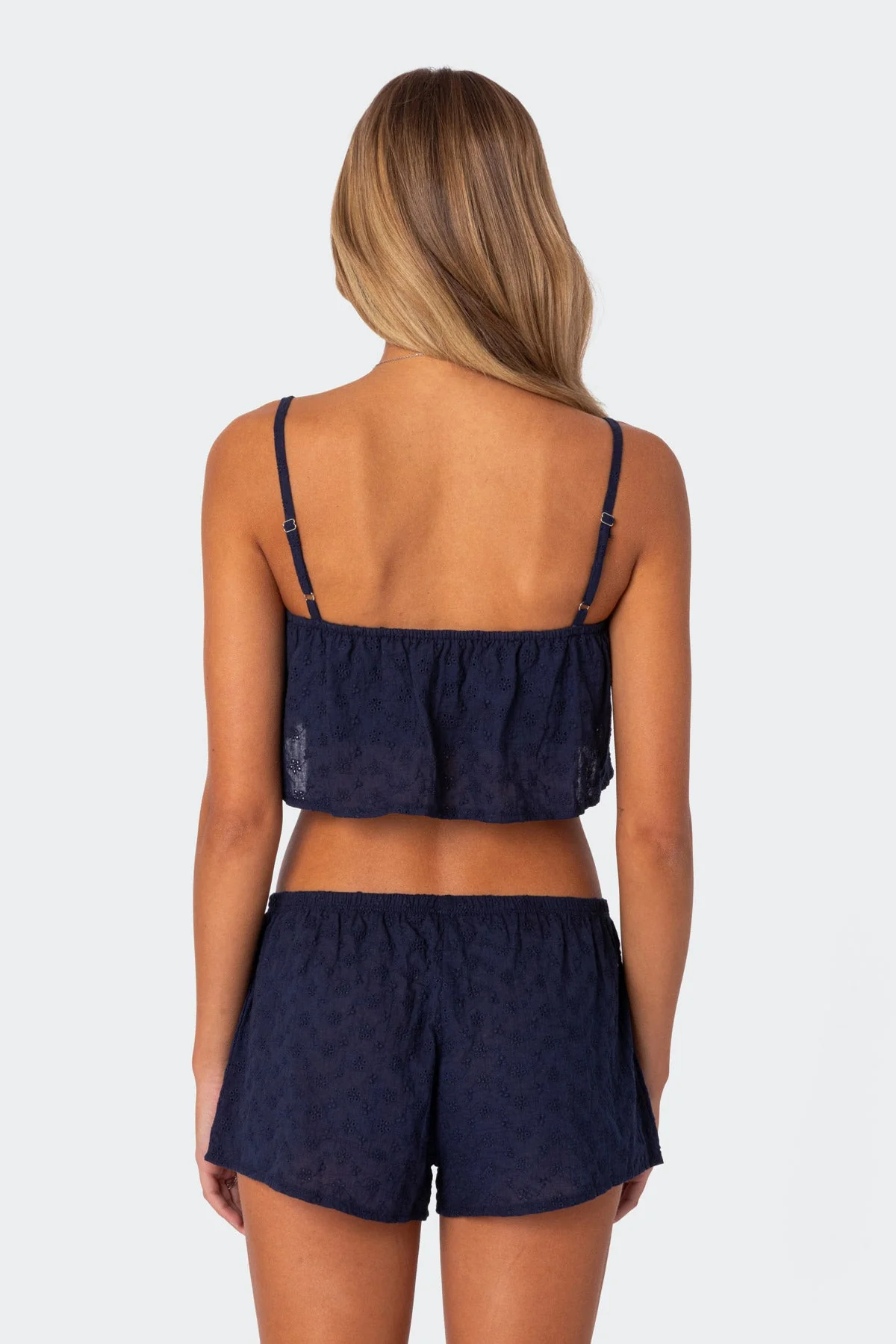 Navy Eyelet Cropped Camisole Top Ribbon Detail
