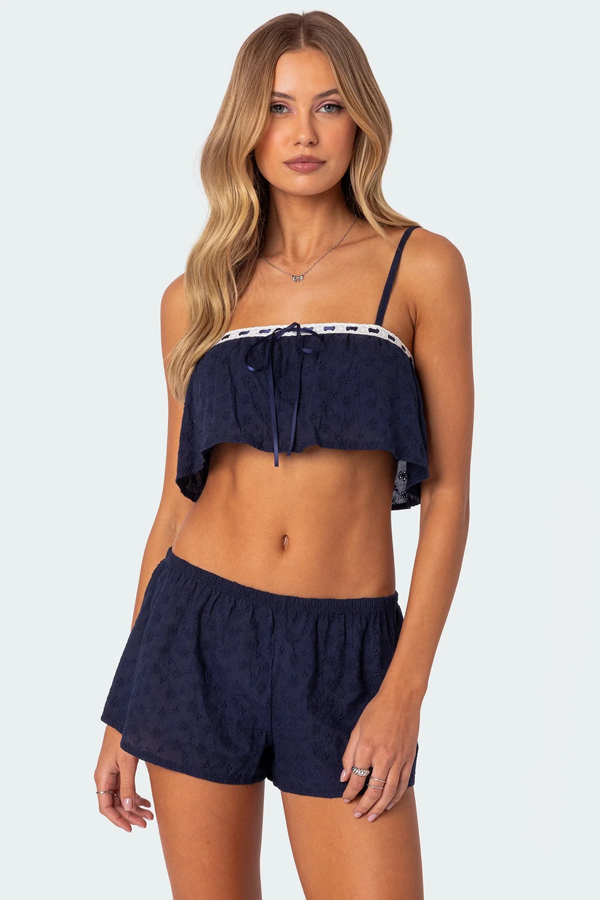 Navy Eyelet Cropped Camisole Top Ribbon Detail
