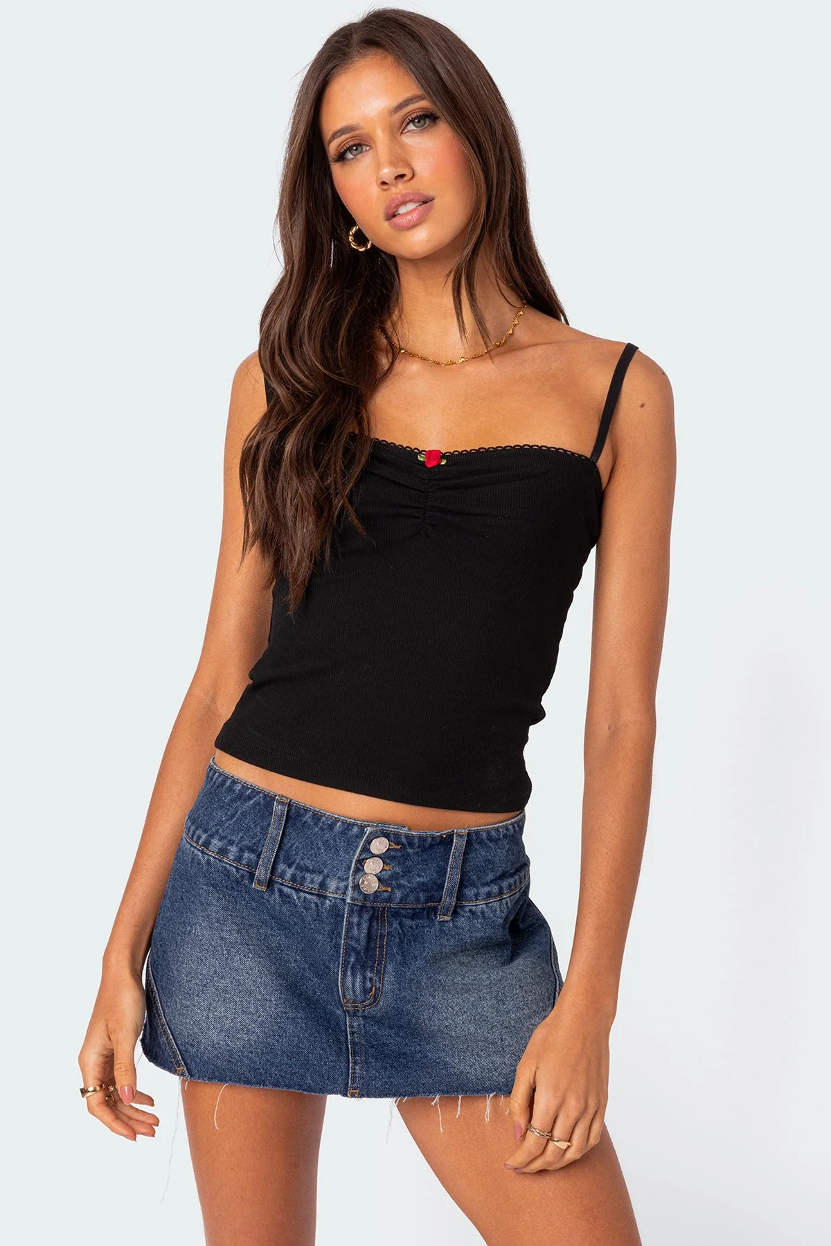 Black Ribbed Tank Top with Rose Detail