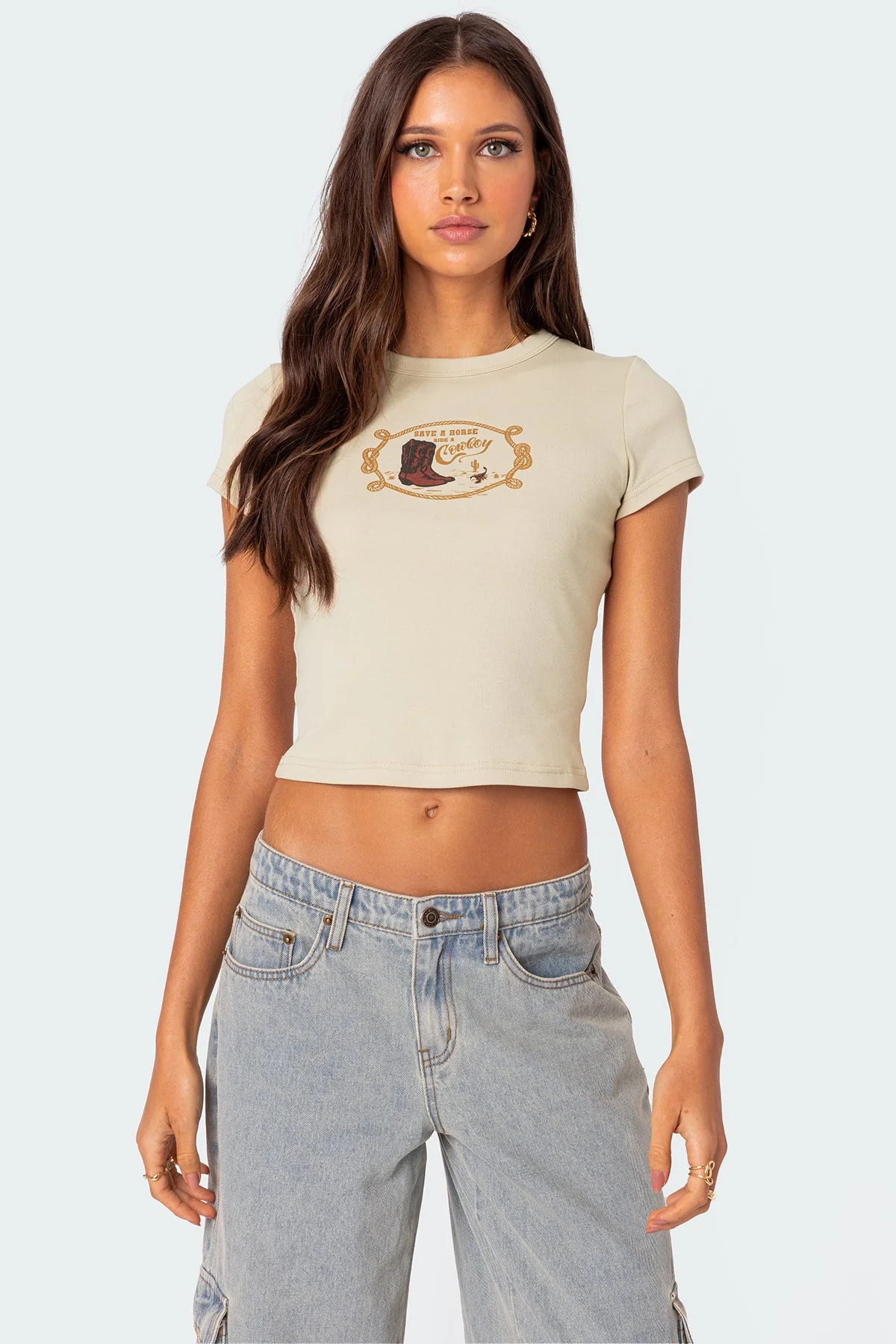 Cowboy Boot Print Graphic T-Shirt - Beige