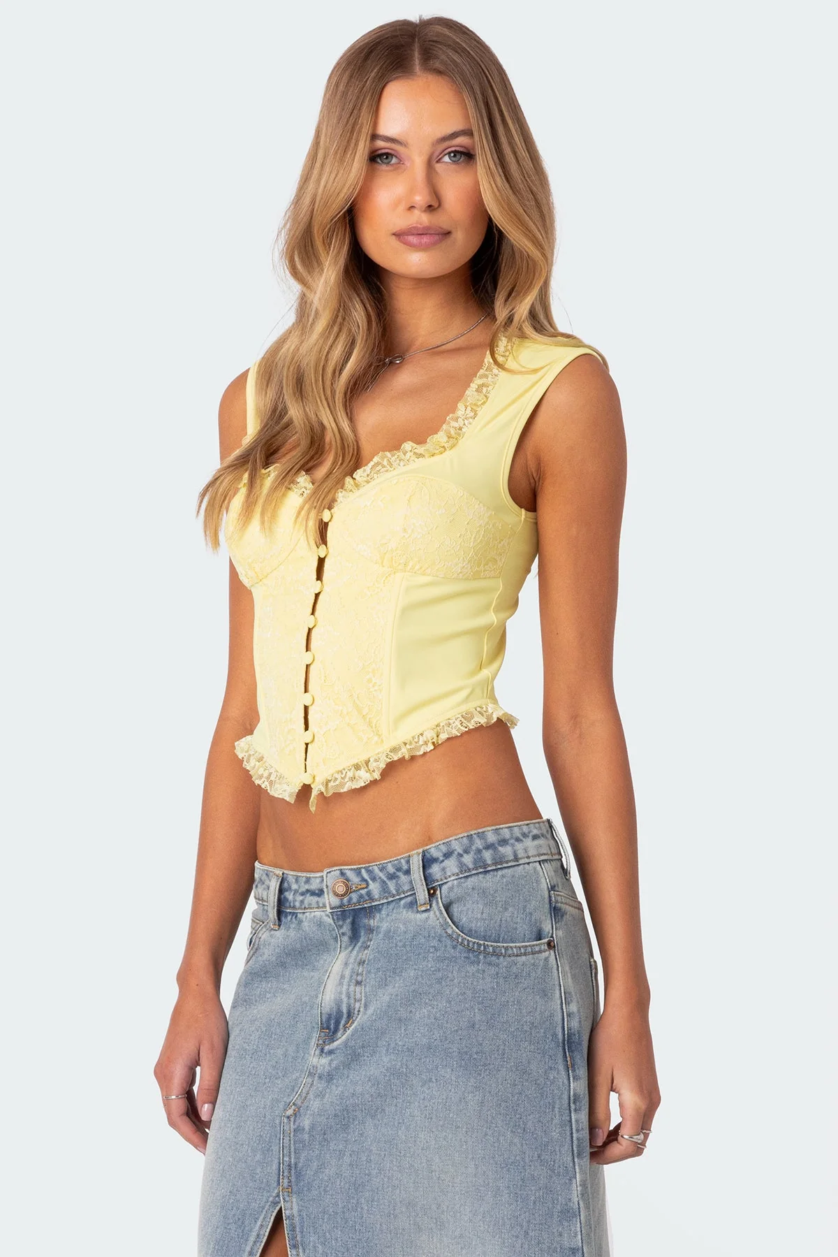 Yellow Lace Button-Up Corset Top
